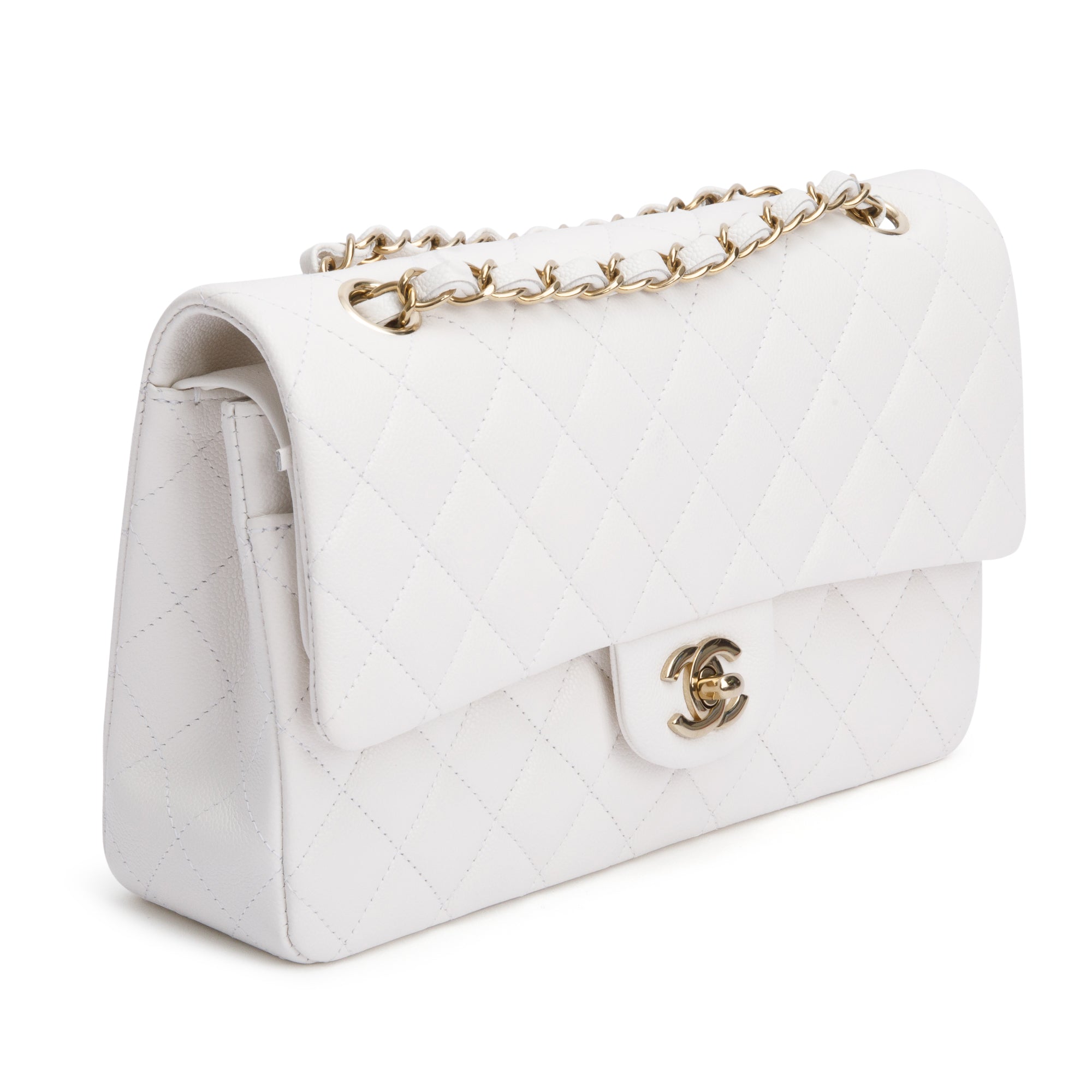 Chanel White Quilted Caviar Leather Classic Medium Double Flap Bag w/ Box