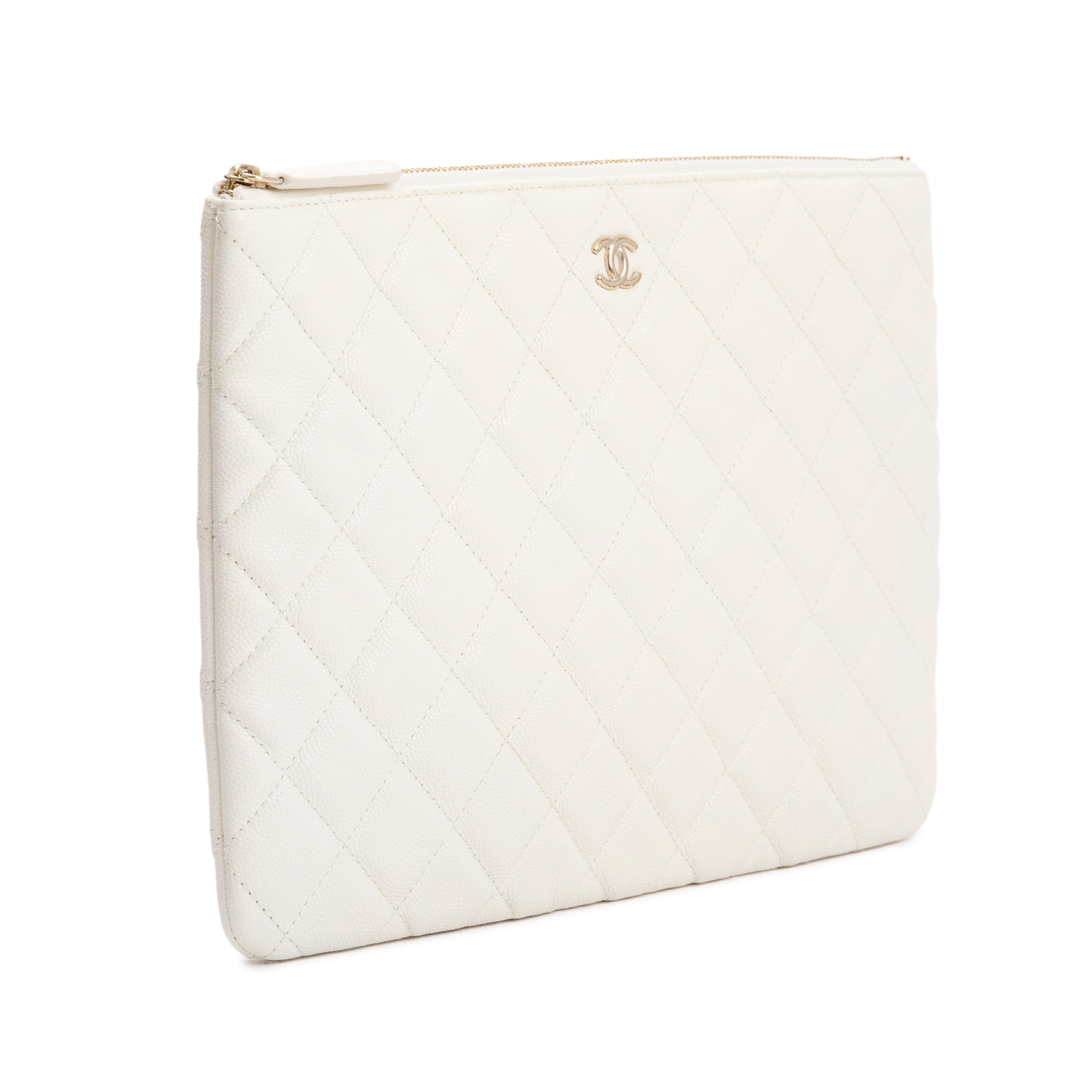 Chanel White Quilted Caviar Leather Medium O-Case Clutch w/ Authenticity Card