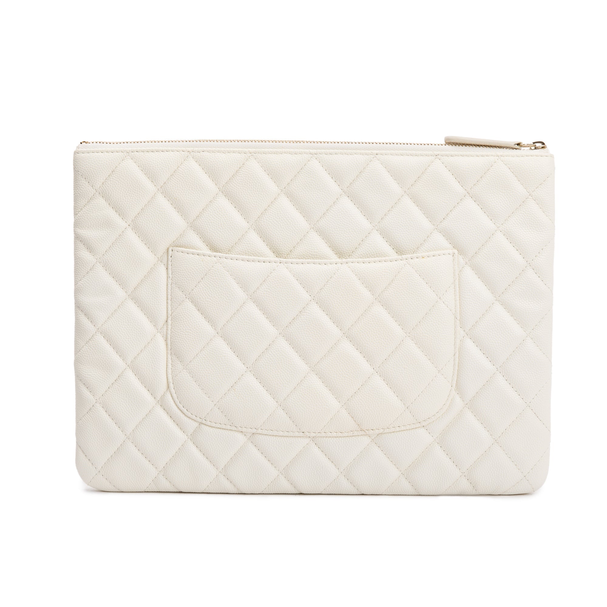 Chanel White Quilted Caviar Leather Medium O-Case Clutch w/ Authenticity Card