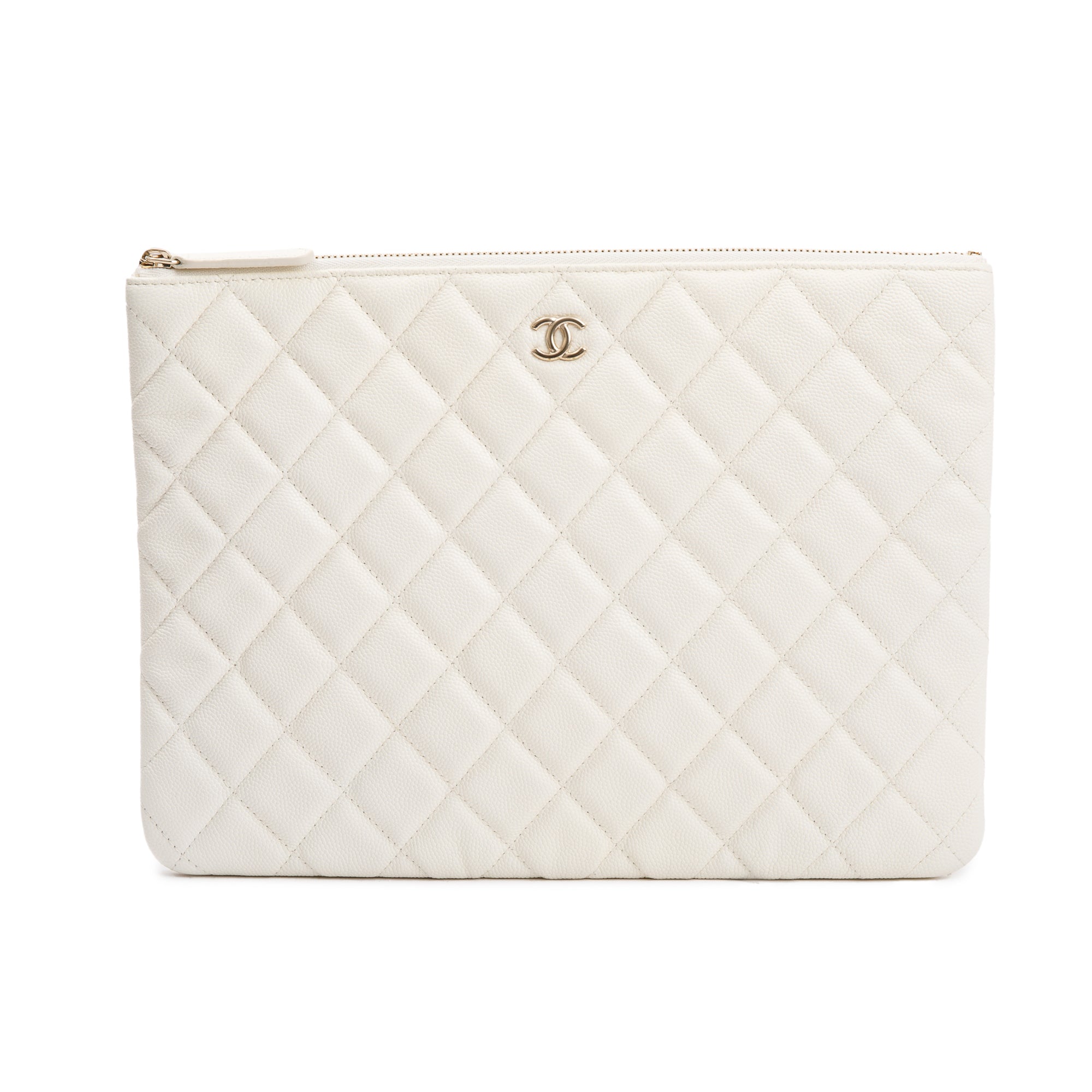 Chanel White Quilted Caviar Leather Medium O-Case Clutch w/ Authenticity Card