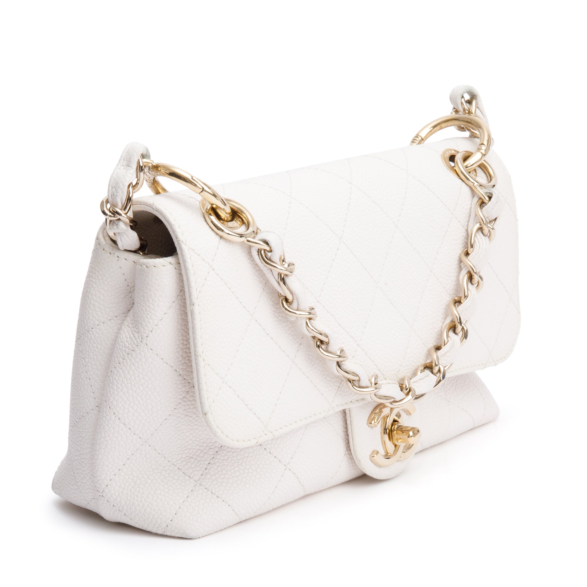 Chanel White Quilted Caviar Leather Small City Walk Flap Bag w/ Authenticity Card