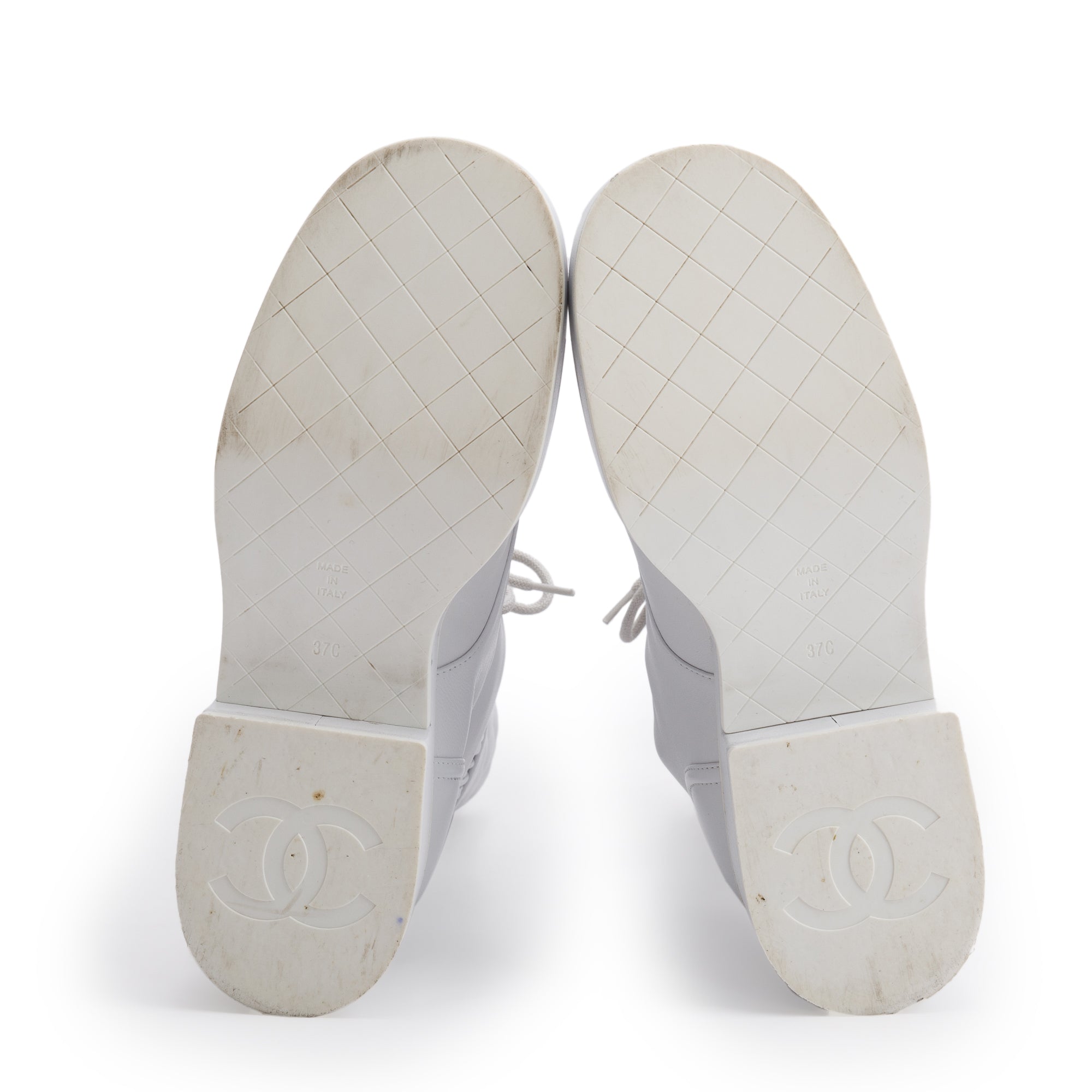 Chanel White Quilted Leather Interlocking CC Logo Combat Boots, Size 37 w/ Box