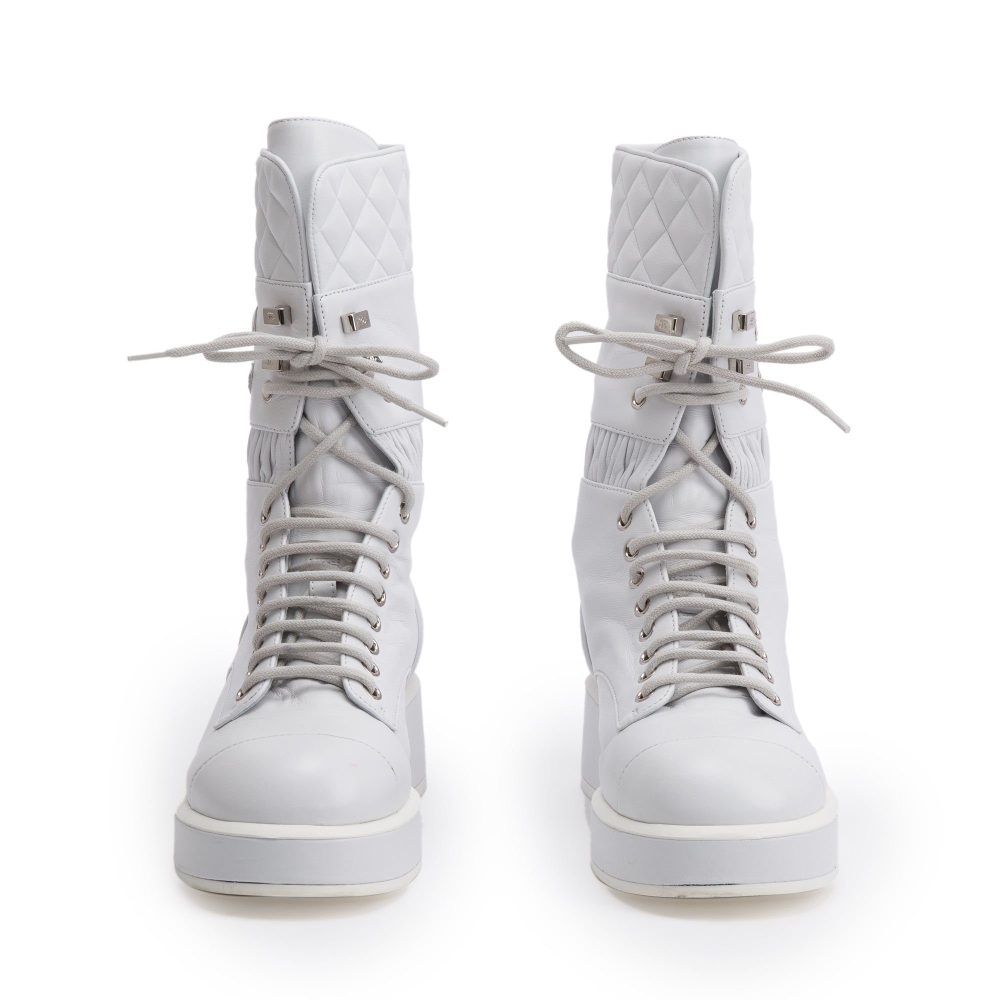 Chanel White Quilted Leather Interlocking CC Logo Combat Boots, Size 37 w/ Box