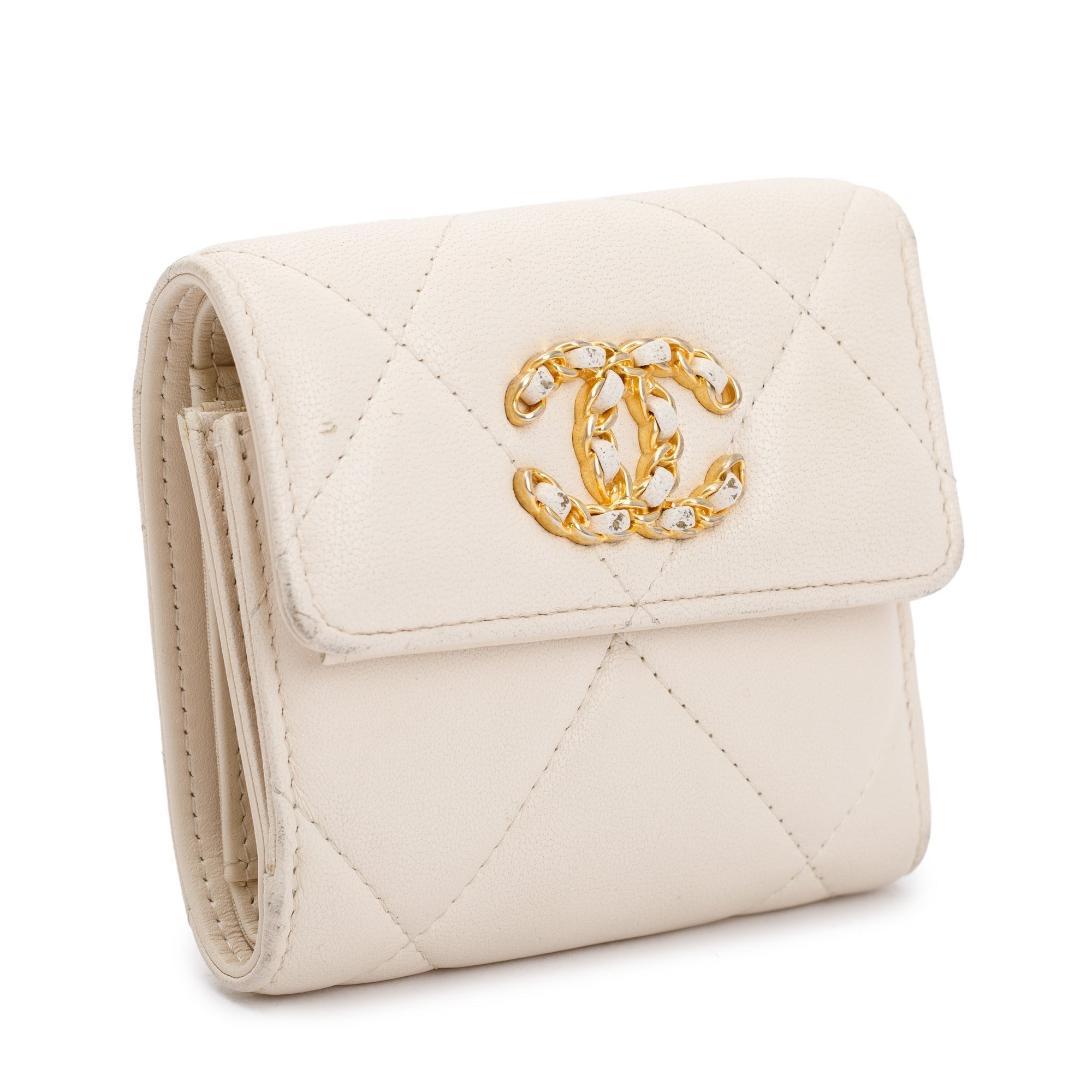 Chanel White Quilted Leather Small 19 Flap Wallet w/ Authenticity Card