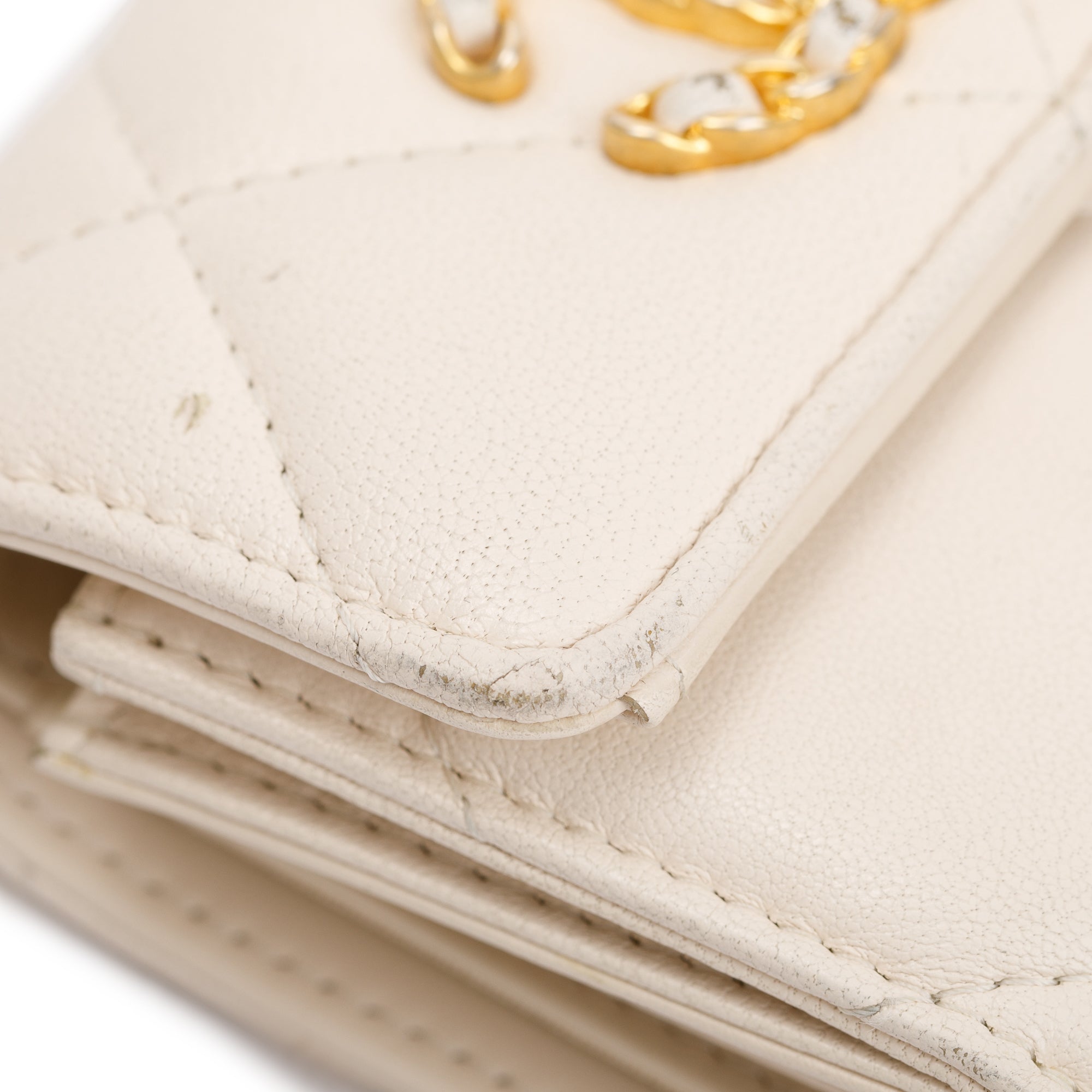 Chanel White Quilted Leather Small 19 Flap Wallet w/ Authenticity Card