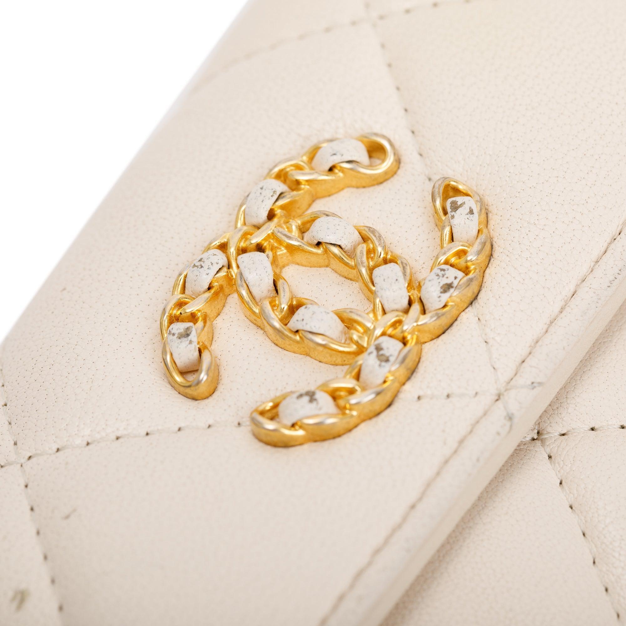 Chanel White Quilted Leather Small 19 Flap Wallet w/ Authenticity Card