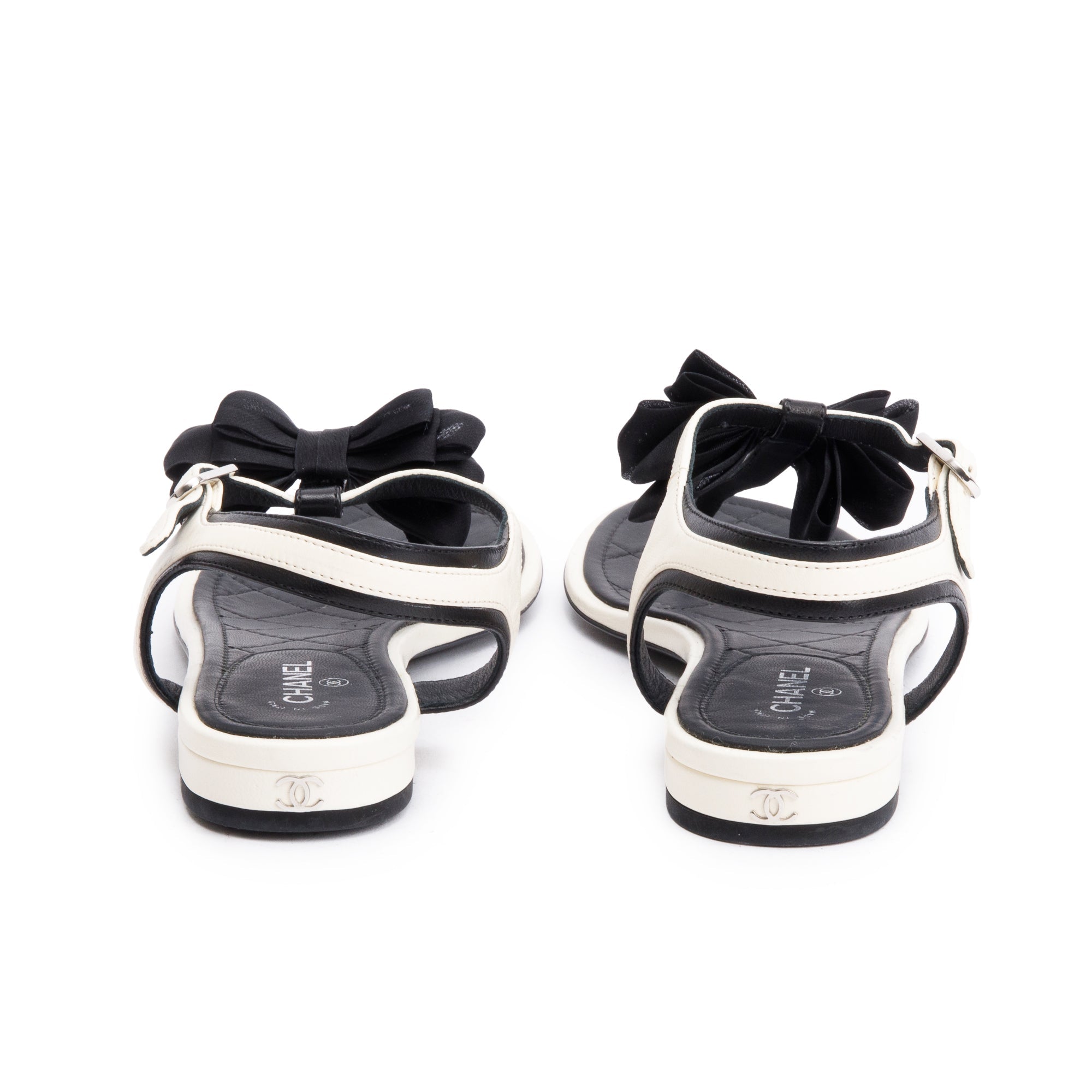 Chanel White/Black Leather Bow T-Strap Sandals, Size 36.5 w/ Box