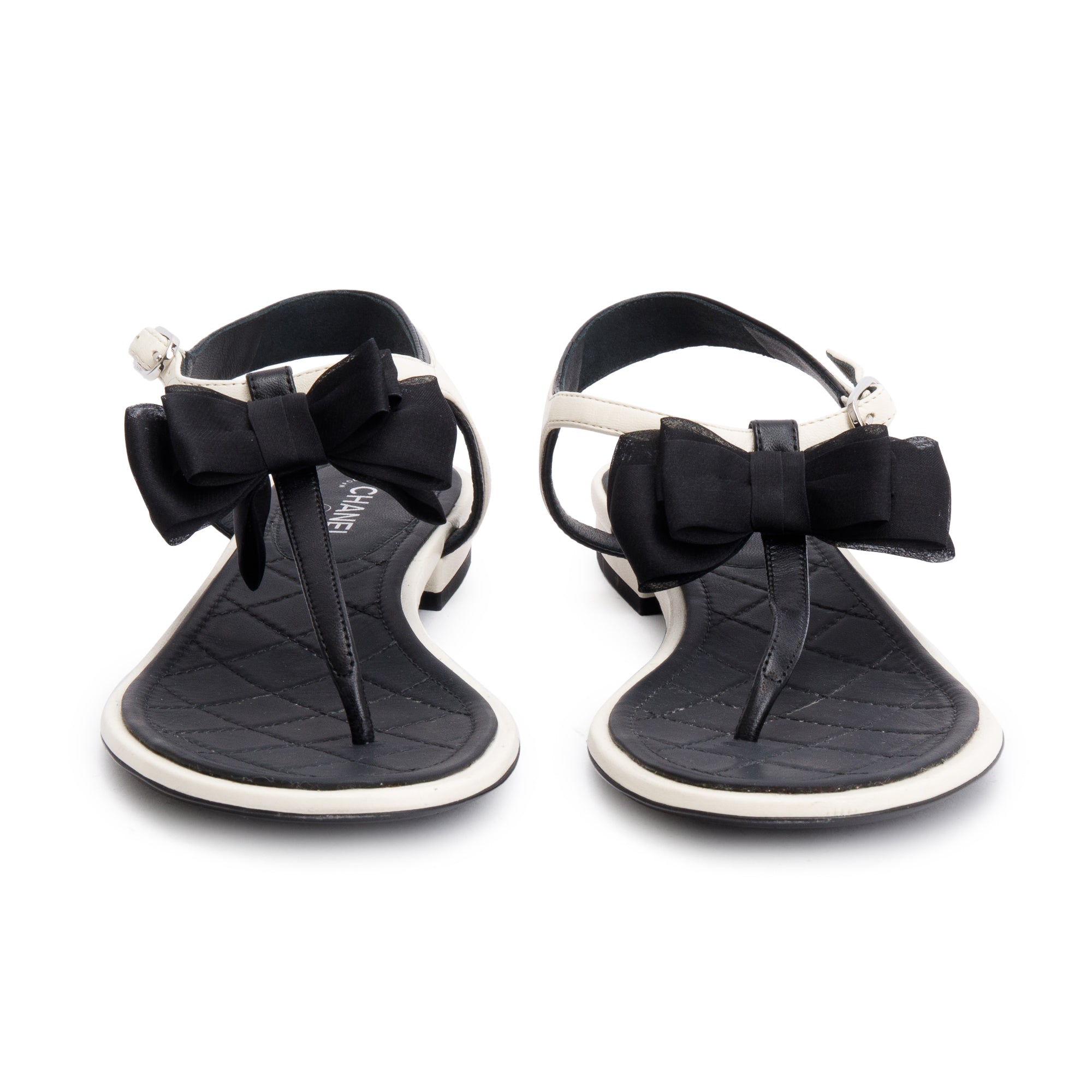 Chanel White/Black Leather Bow T-Strap Sandals, Size 36.5 w/ Box