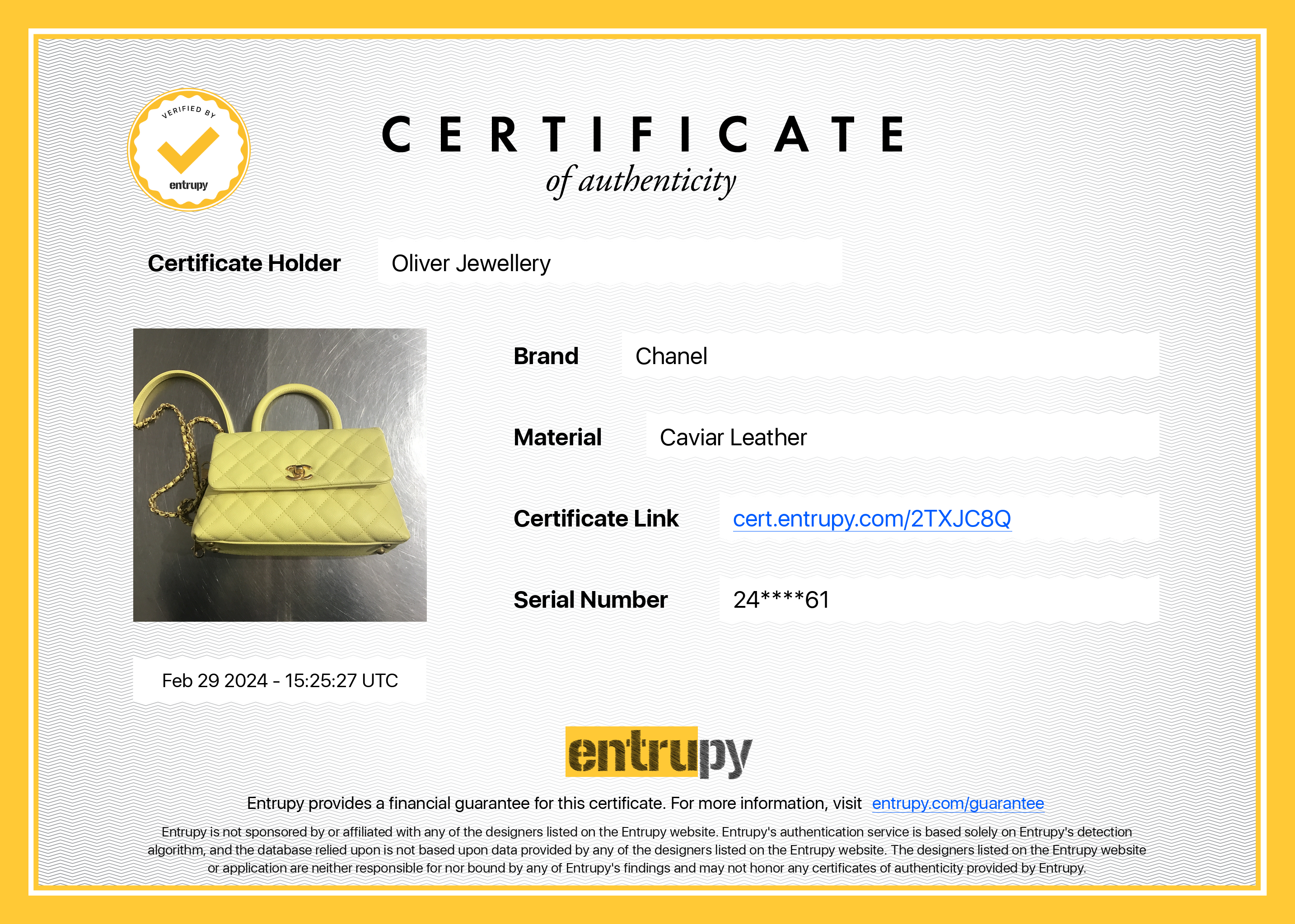 Chanel Yellow Quilted Caviar Leather Small Coco Handle Bag