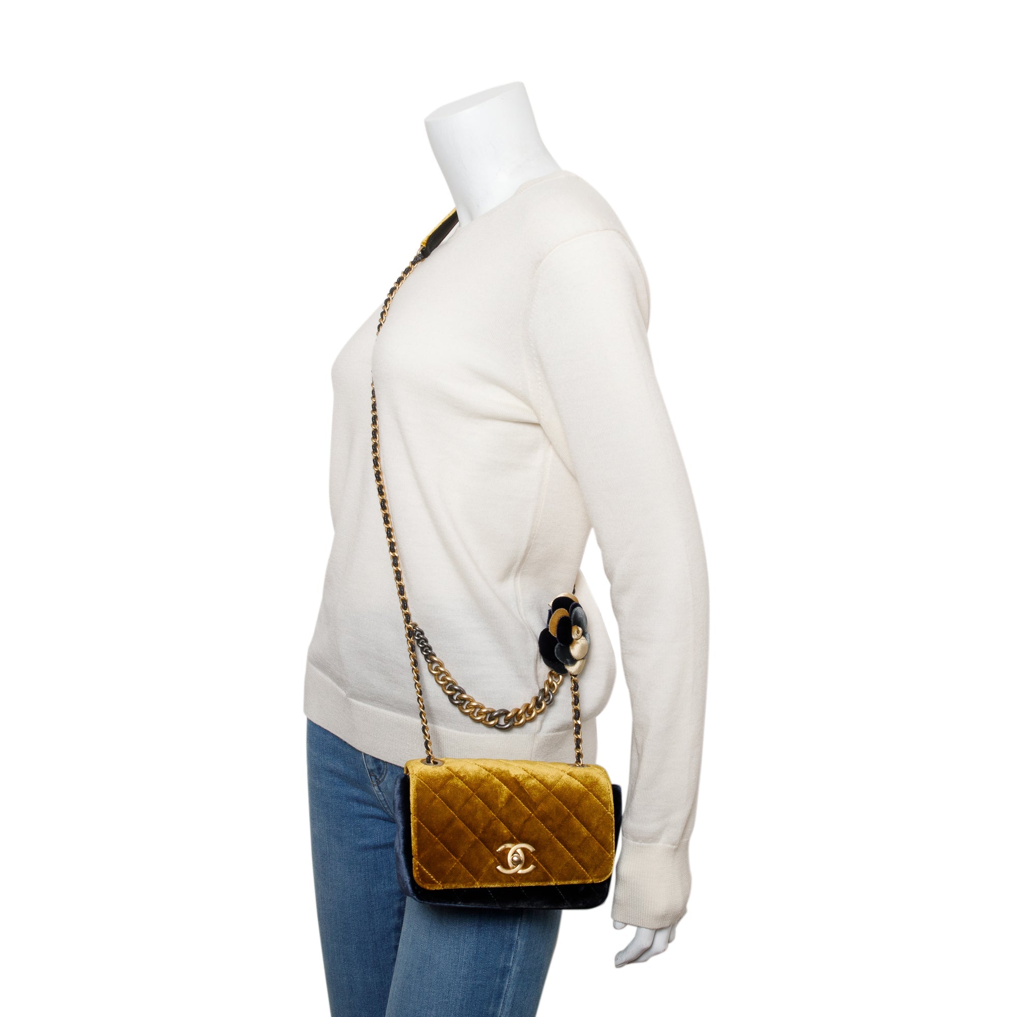 Chanel Yellow/Navy Velvet Private Affair Camellia Small Flap Bag w/ Authenticity Card