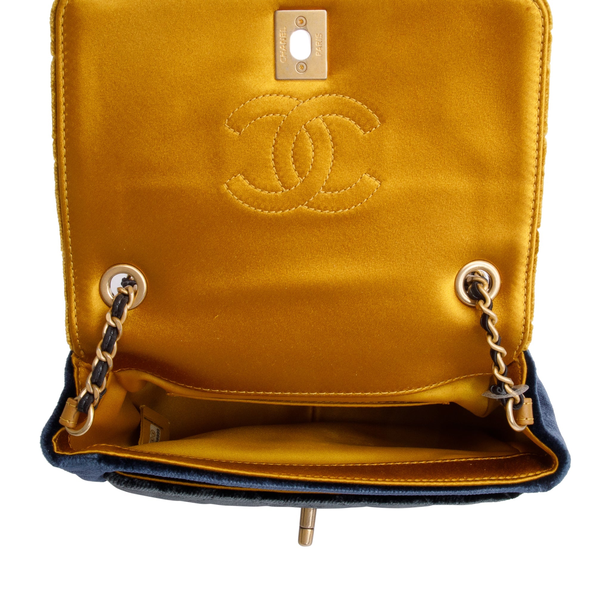 Chanel Yellow/Navy Velvet Private Affair Camellia Small Flap Bag w/ Authenticity Card