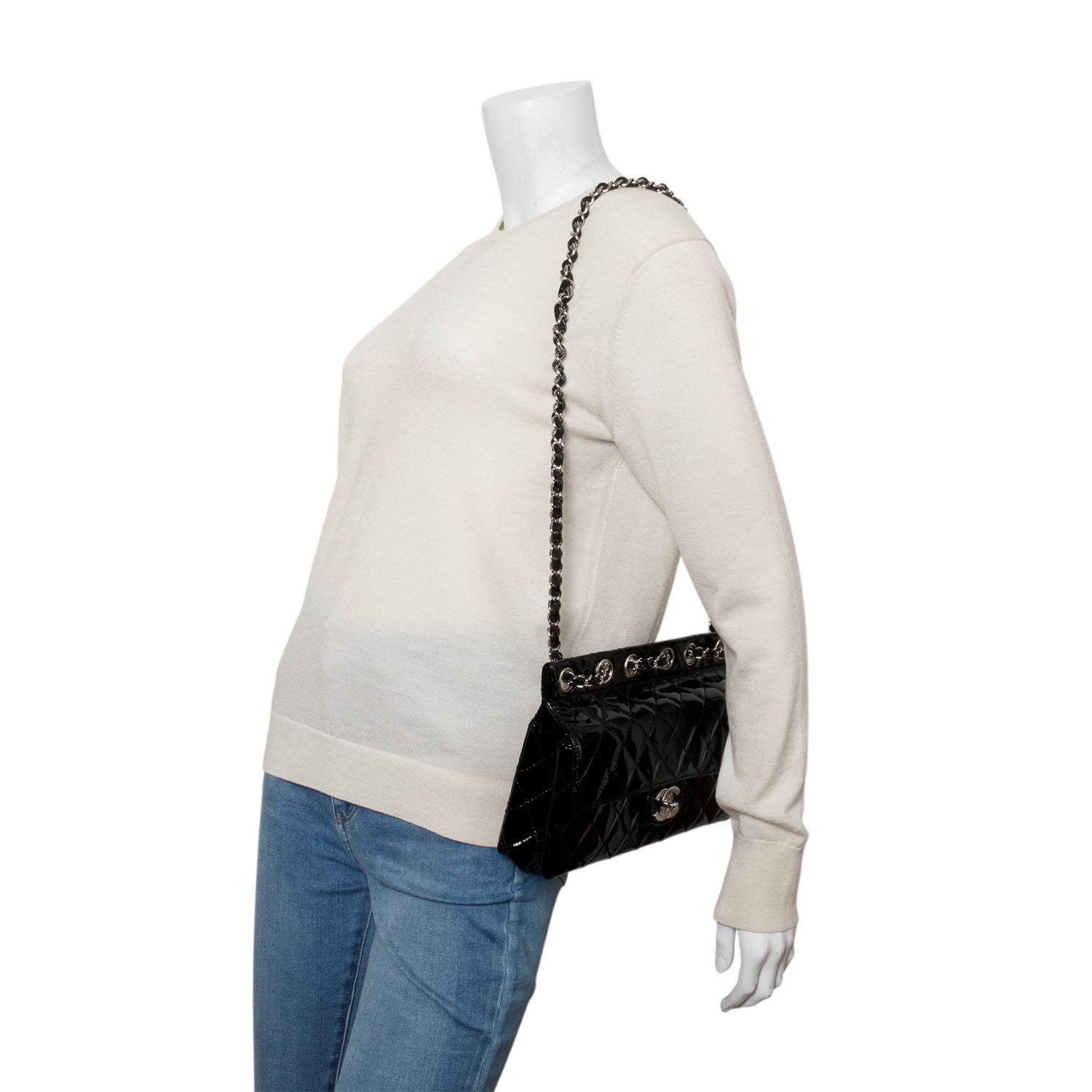 Chanel Black Quilted Patent Leather Chain Through Flap Bag