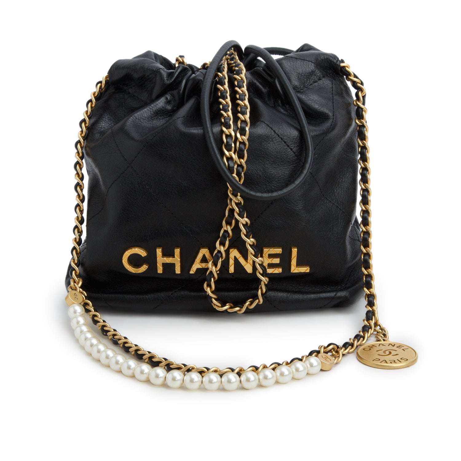 Chanel Black Shiny Calfskin Quilted Pearl CC Chain Mini Chanel 22