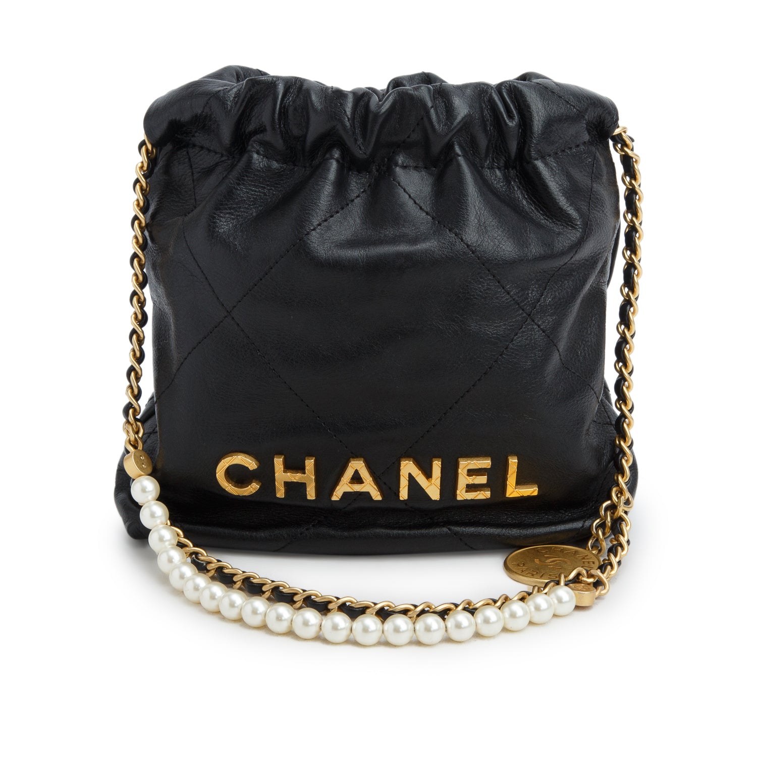 Chanel Black Shiny Calfskin Quilted Pearl CC Chain Mini Chanel 22