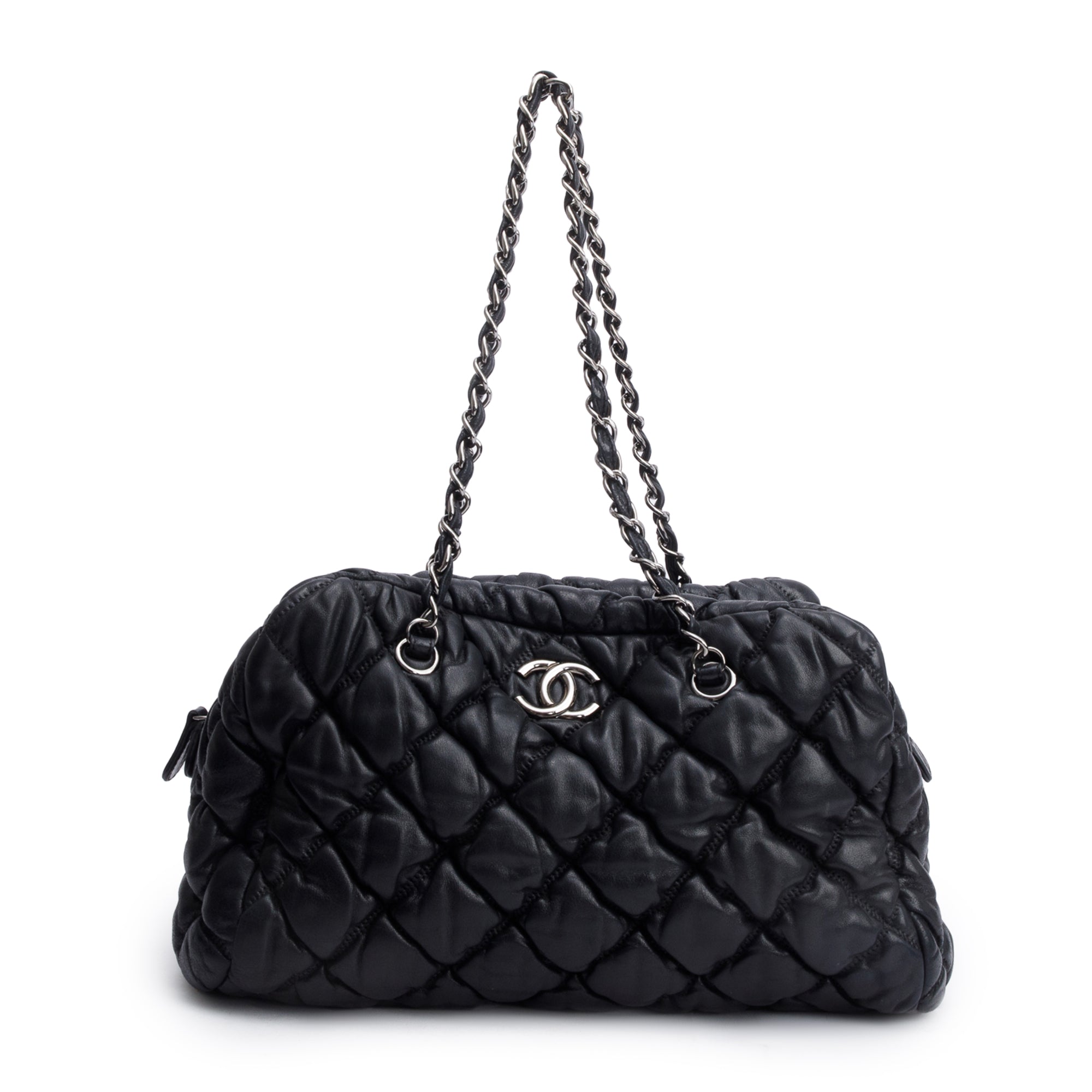 Chanel Black Bubble Quilt Lambskin Leather Medium Bowler Bag