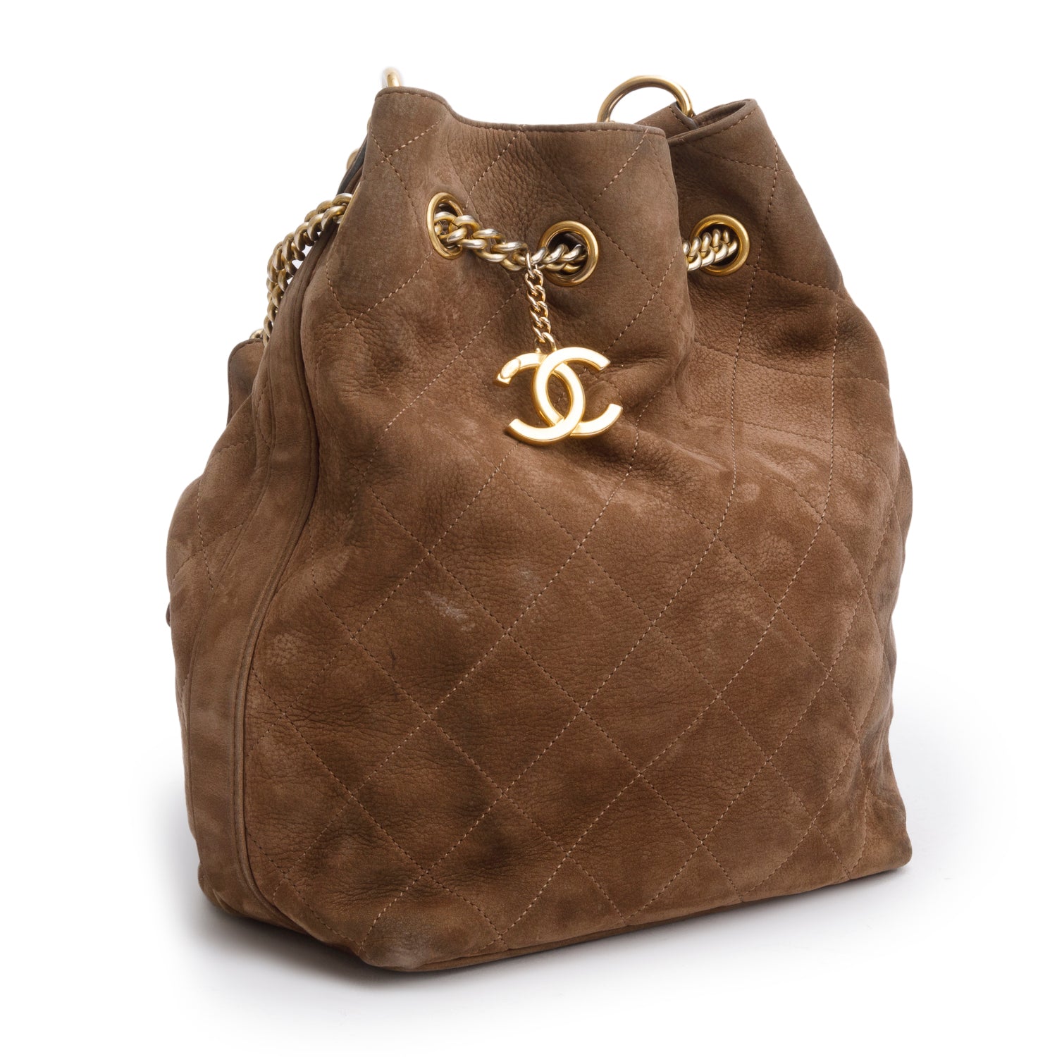 Chanel Brown Suede Quilted On My Shoulder Drawstring Bag
