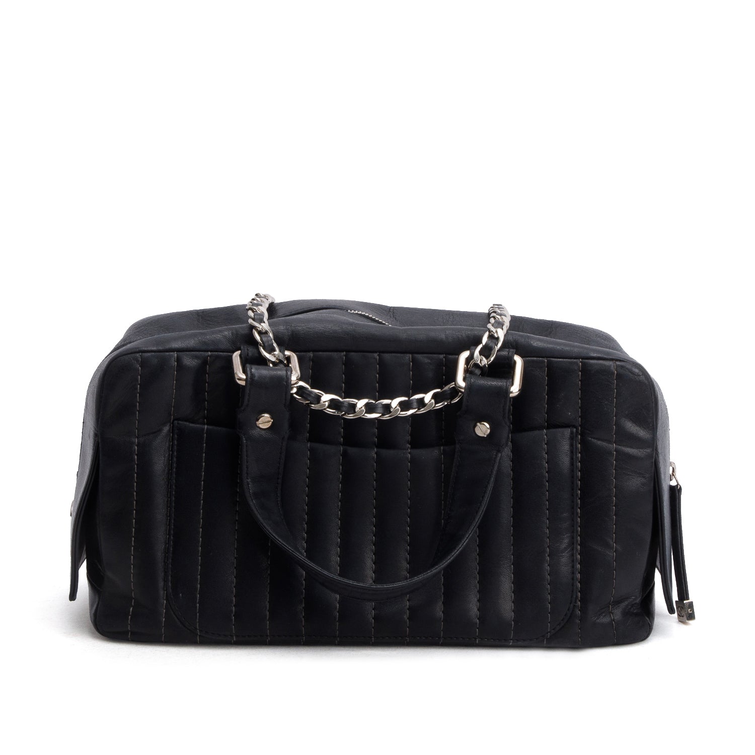 Chanel Black Lambskin Vertical Quilted Mademoiselle Bowler Bag
