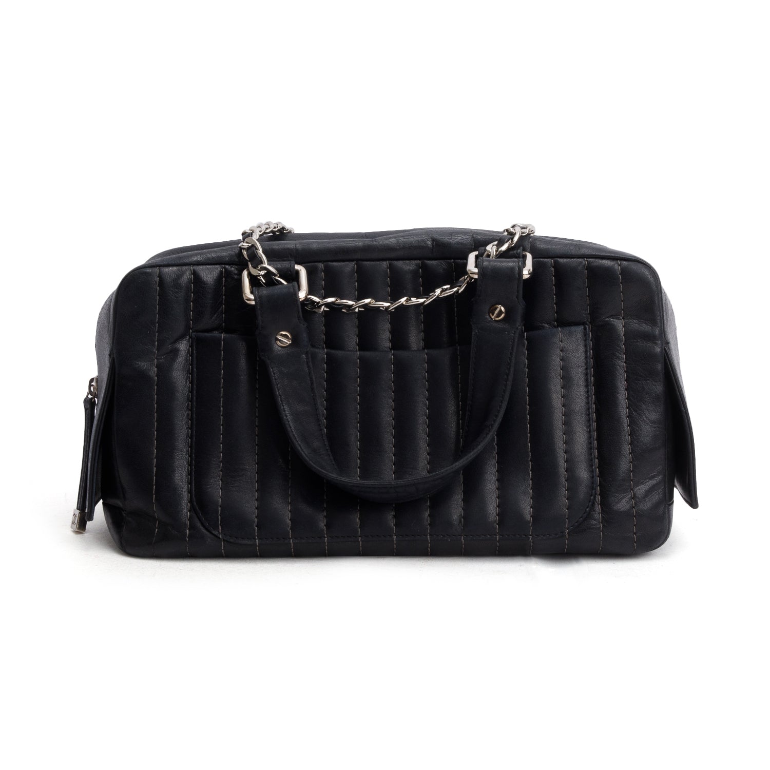 Chanel Black Lambskin Vertical Quilted Mademoiselle Bowler Bag