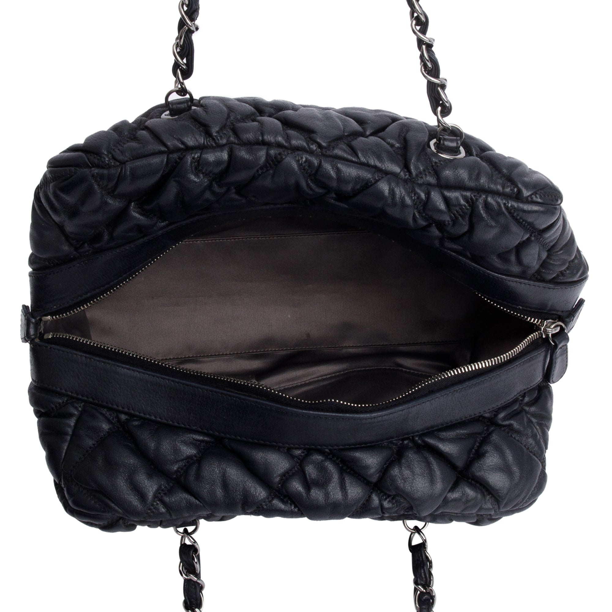Chanel Black Bubble Quilt Lambskin Leather Medium Bowler Bag