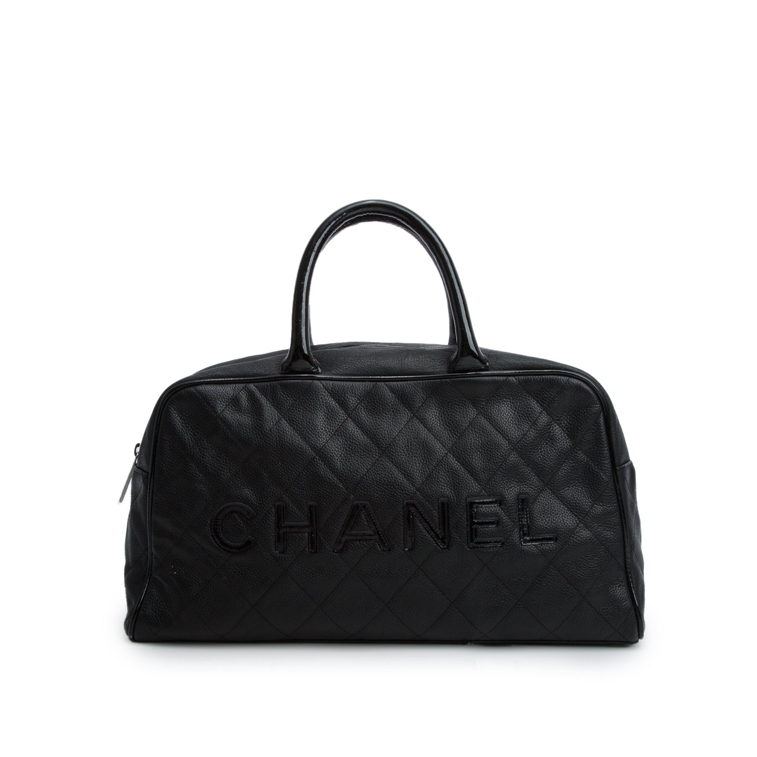 Chanel Vintage Black Quilted Caviar Leather Large Logo Bowler Bag