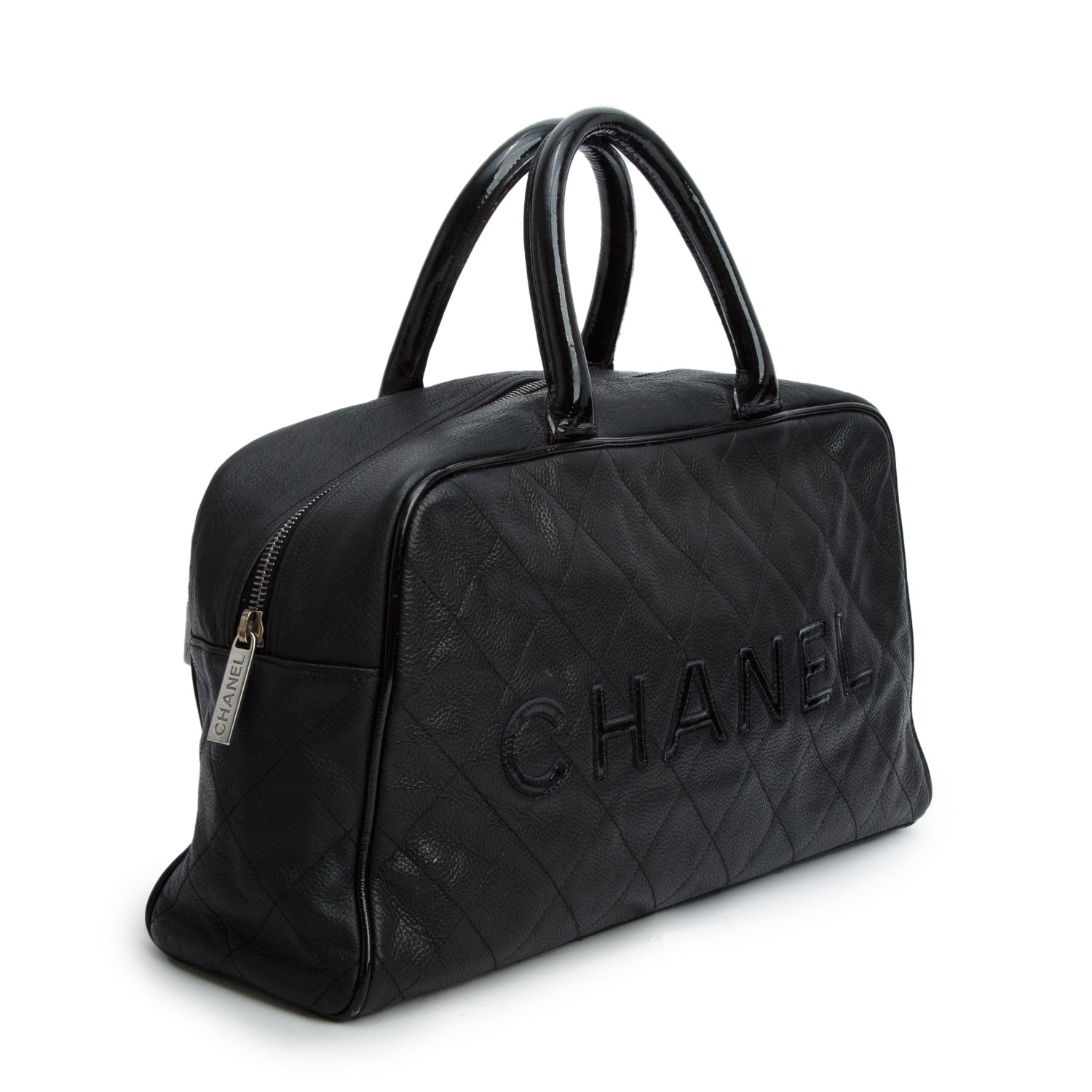 Chanel Vintage Black Quilted Caviar Leather Large Logo Bowler Bag