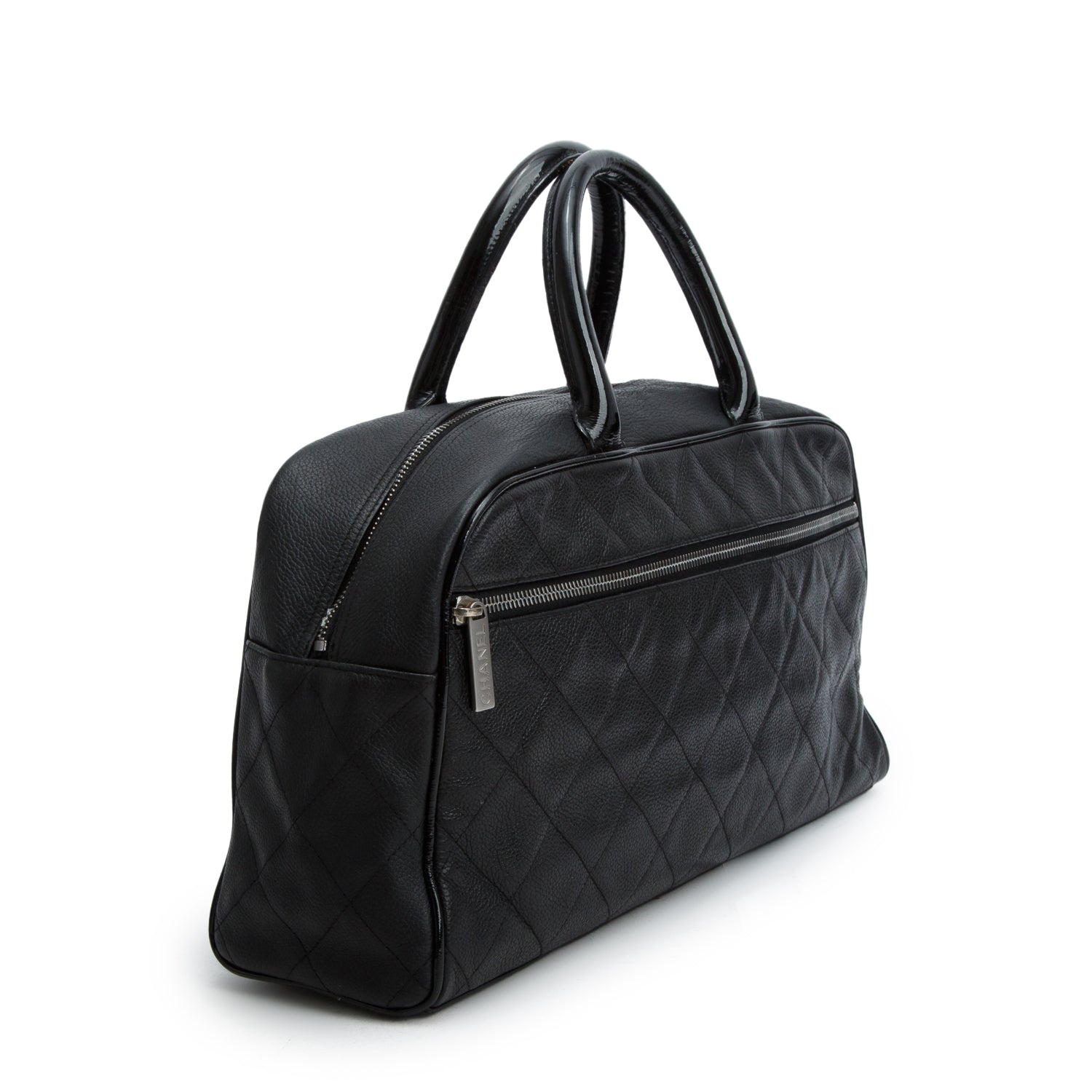 Chanel Vintage Black Quilted Caviar Leather Large Logo Bowler Bag
