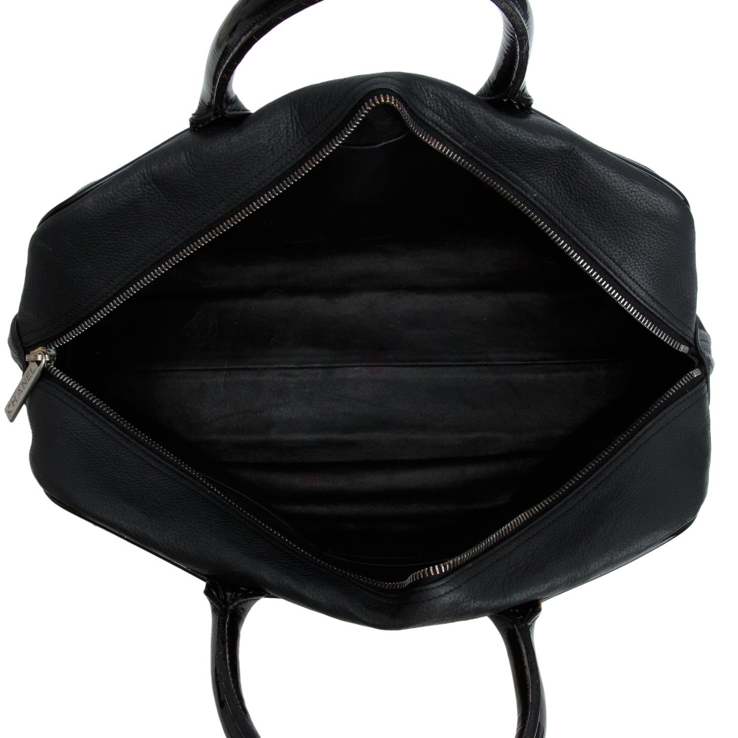 Chanel Vintage Black Quilted Caviar Leather Large Logo Bowler Bag