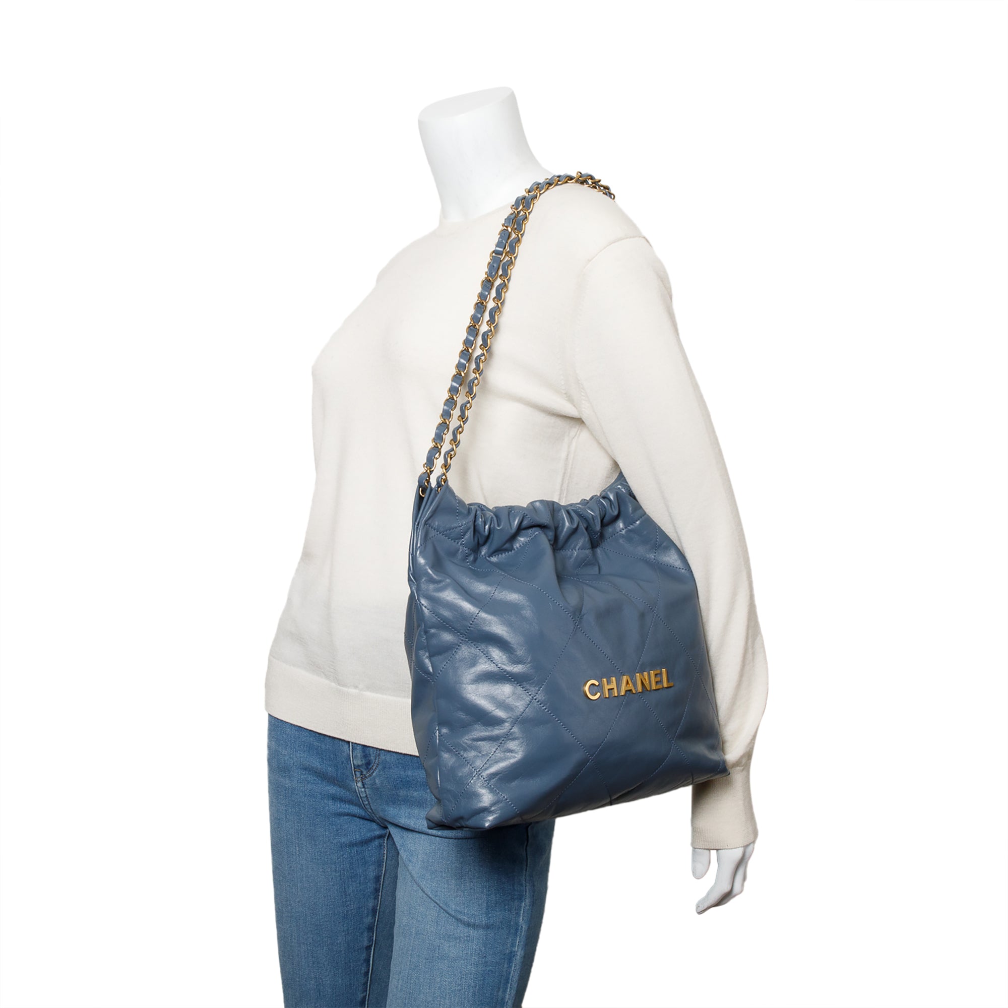Chanel Blue Shiny Calfskin Leather Small Chanel 22 Hobo w/ Pouch