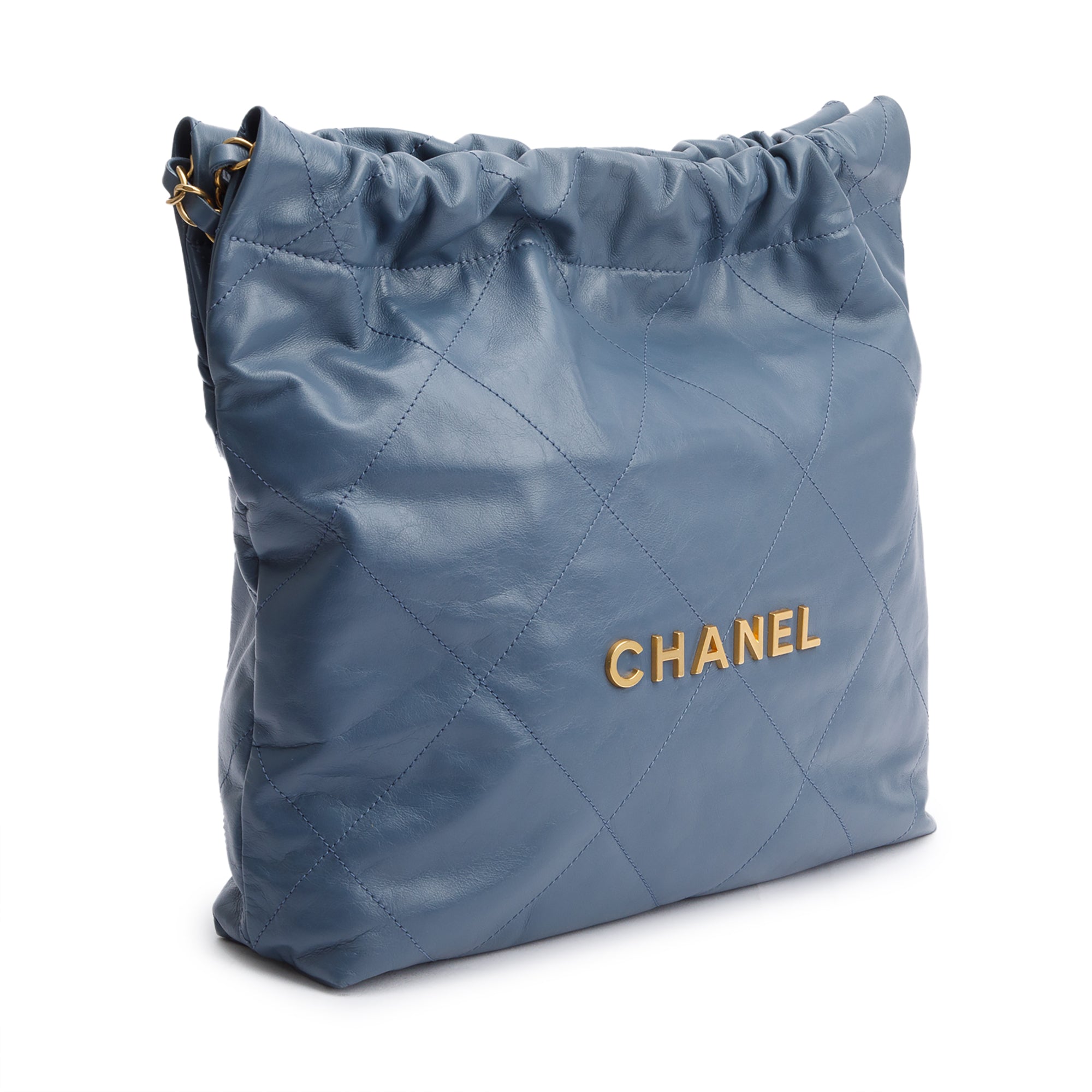 Chanel Blue Shiny Calfskin Leather Small Chanel 22 Hobo w/ Pouch