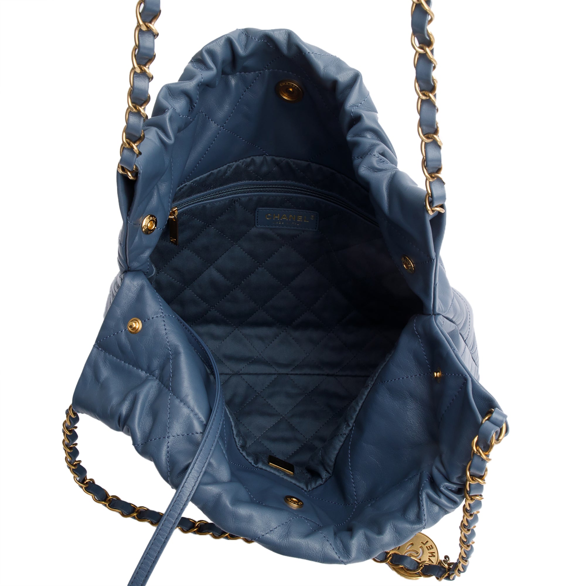 Chanel Blue Shiny Calfskin Leather Small Chanel 22 Hobo w/ Pouch