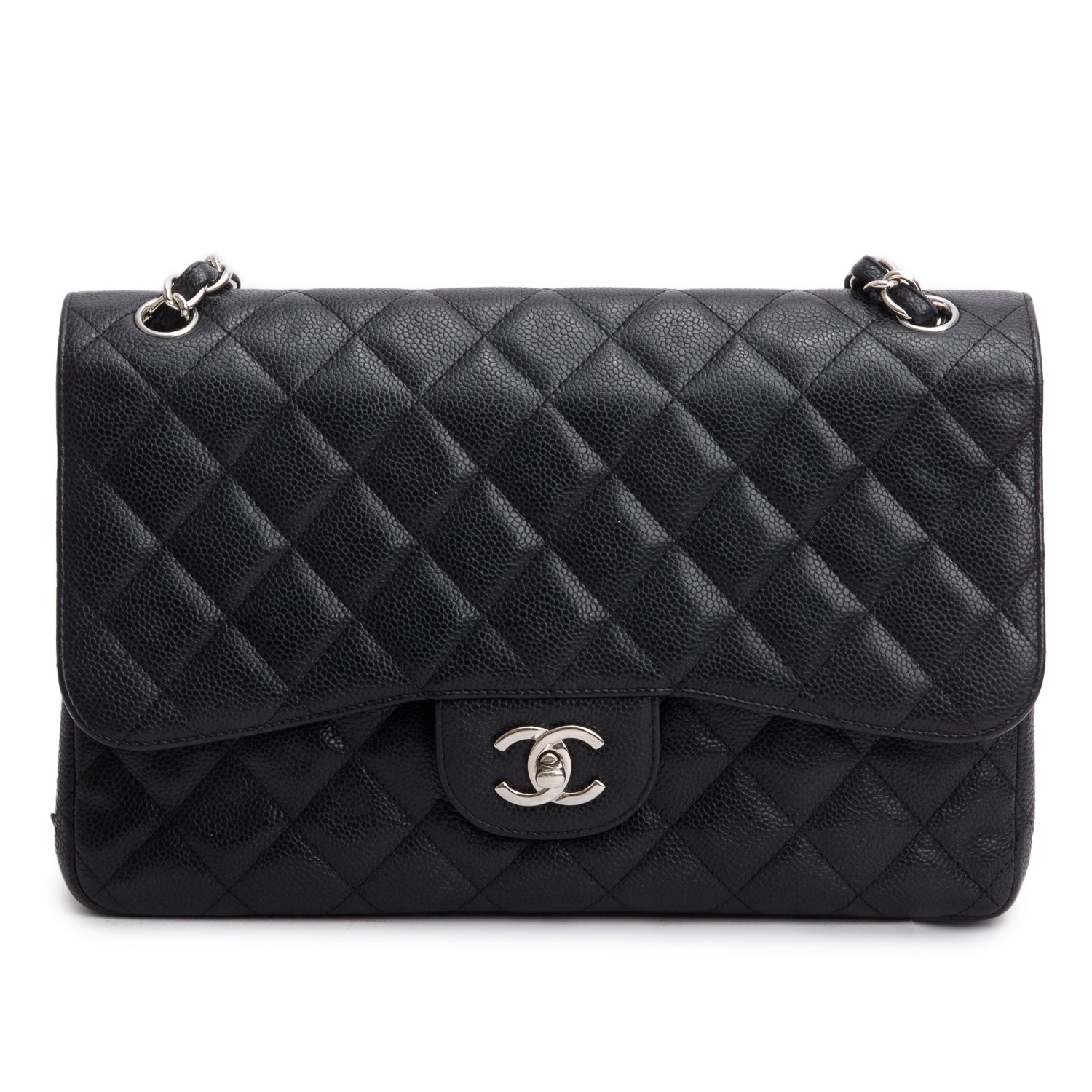 Chanel Black Caviar Leather Classic Jumbo Double Flap Bag w/ Authenticity Card