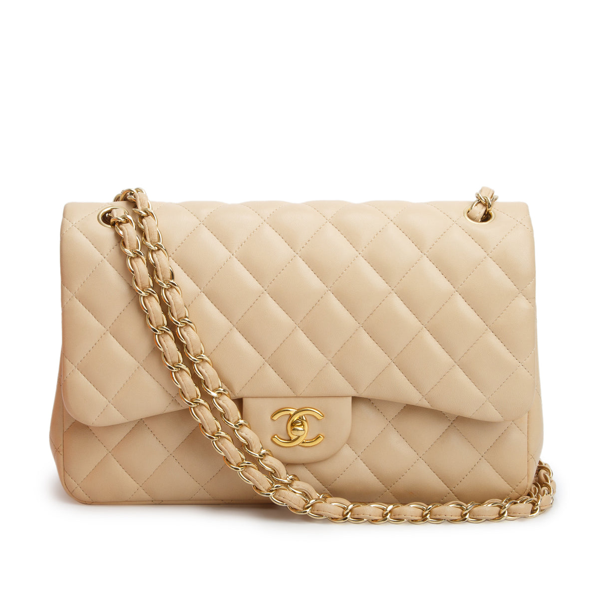 Chanel Beige Quilted Lambskin Leather Classic Jumbo Double Flap Bag