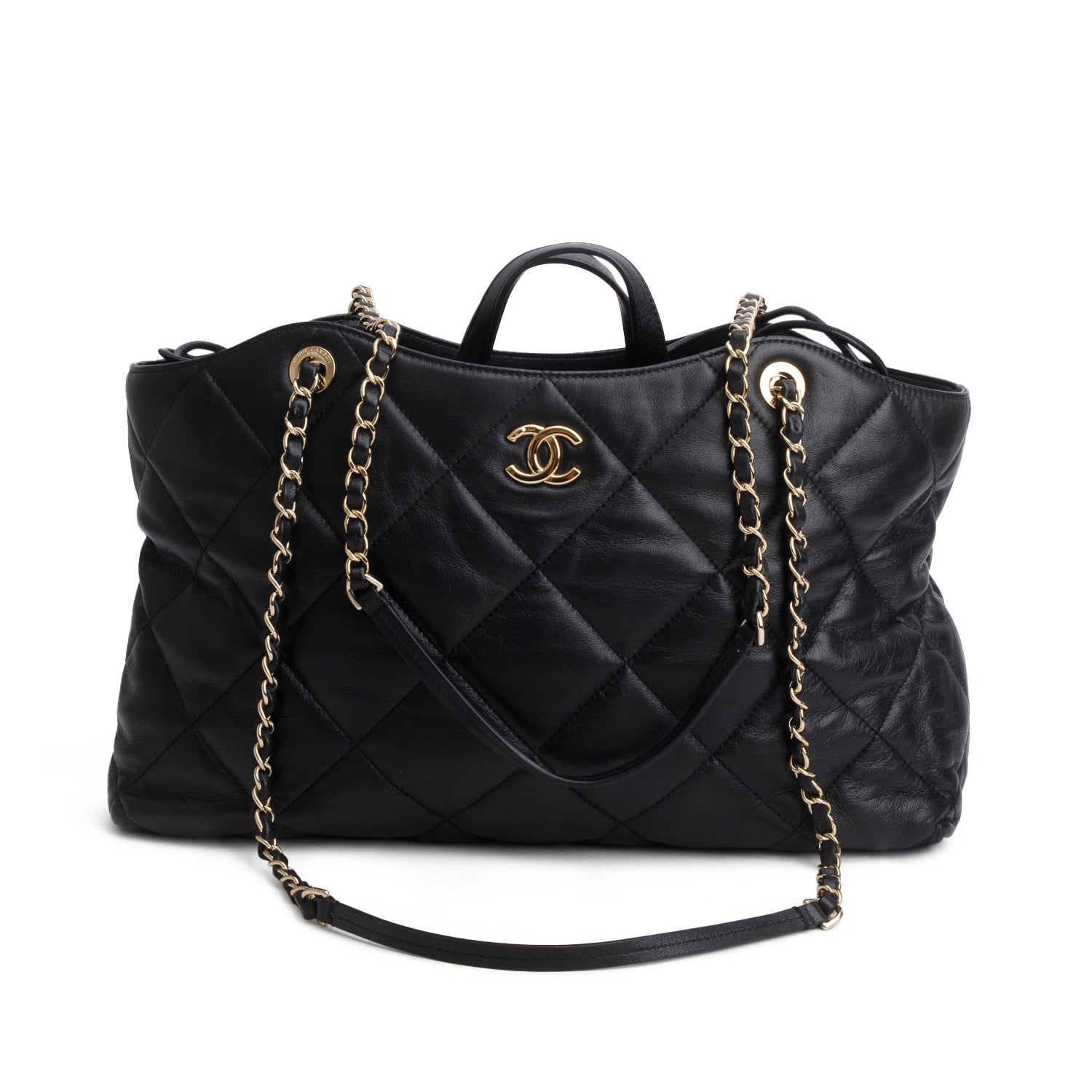 Chanel Black Lambskin CC Drawstring Large Shopping Tote w/ Authenticity Card