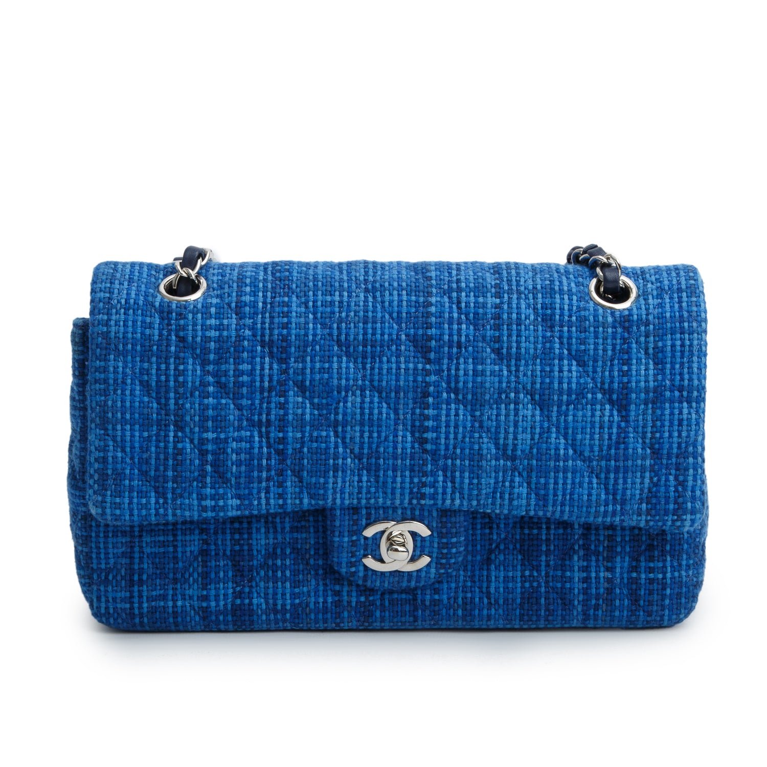 Chanel Blue Tweed Quilted Medium Double Flap Bag w/ Receipt