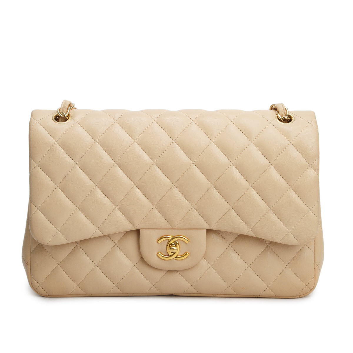 Chanel Beige Quilted Lambskin Leather Classic Jumbo Double Flap Bag