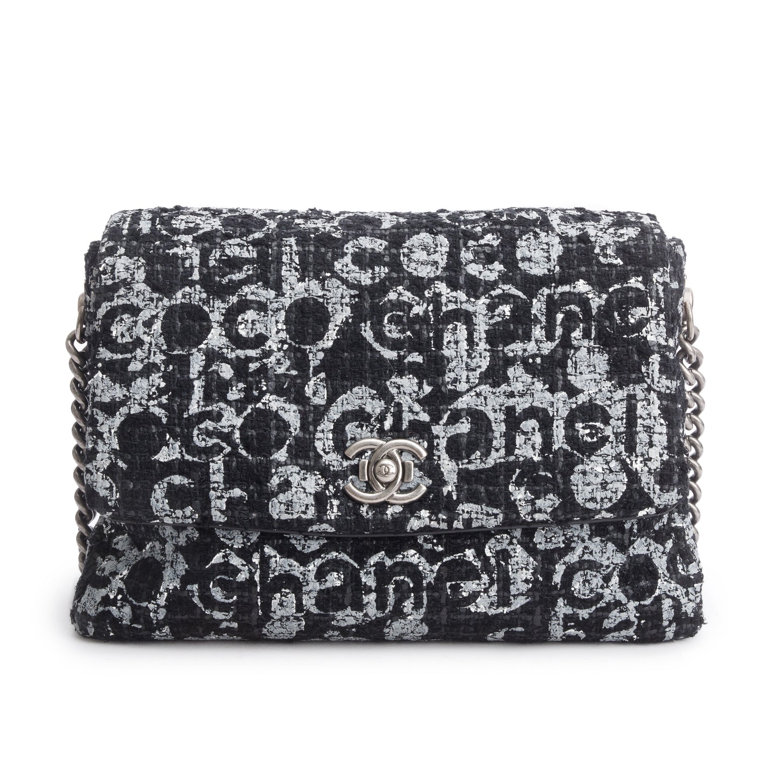 Chanel Black/Grey Tweed Painted Logo Westminster Flap Bag w/ Authenticity Card