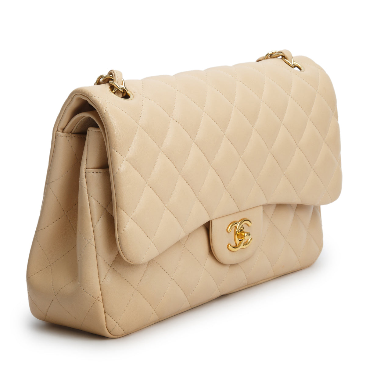 Chanel Beige Quilted Lambskin Leather Classic Jumbo Double Flap Bag