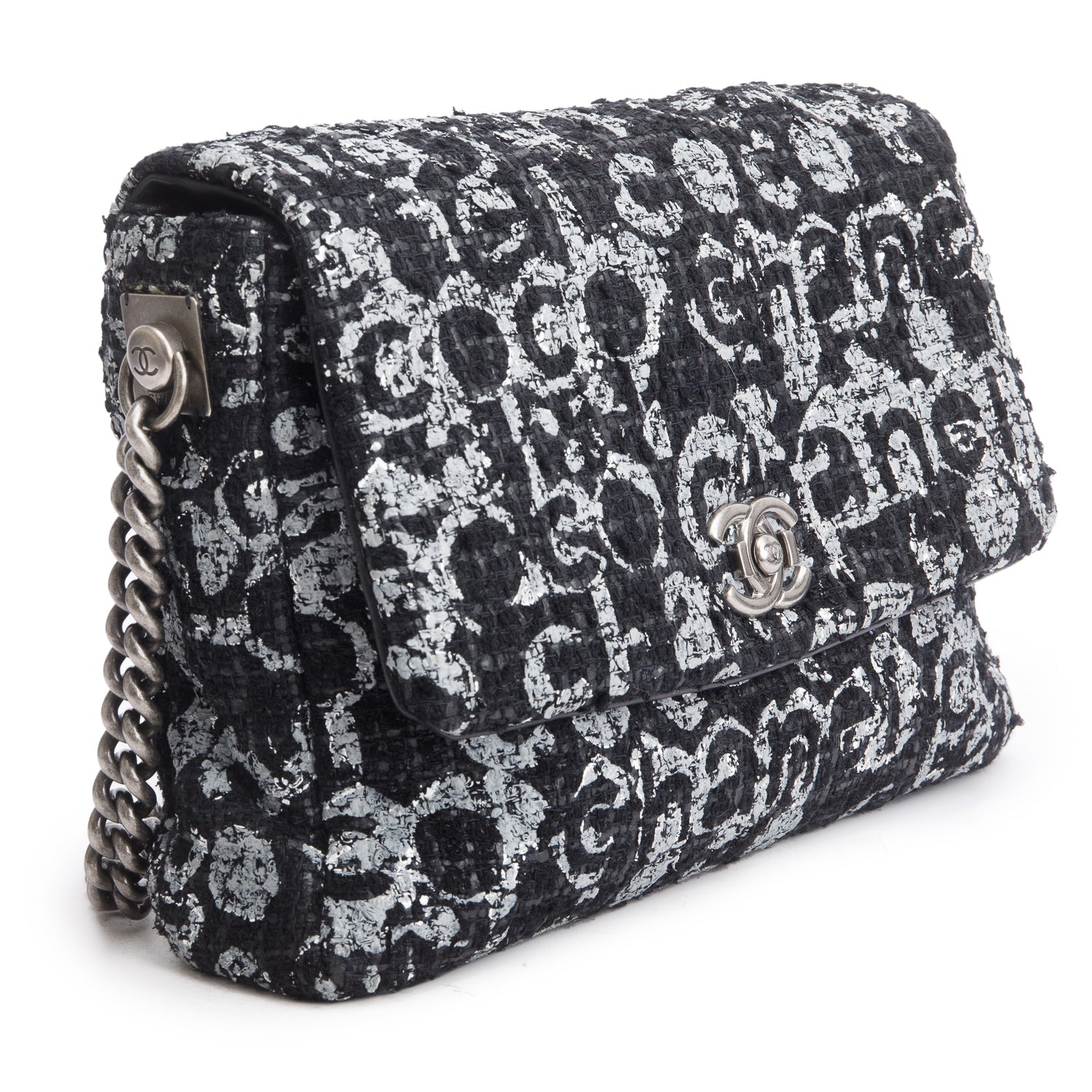 Chanel Black/Grey Tweed Painted Logo Westminster Flap Bag w/ Authenticity Card