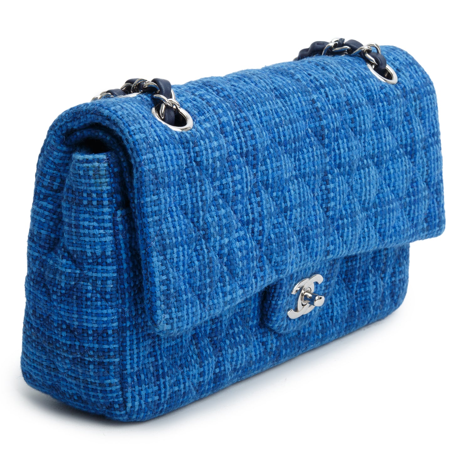 Chanel Blue Tweed Quilted Medium Double Flap Bag w/ Receipt