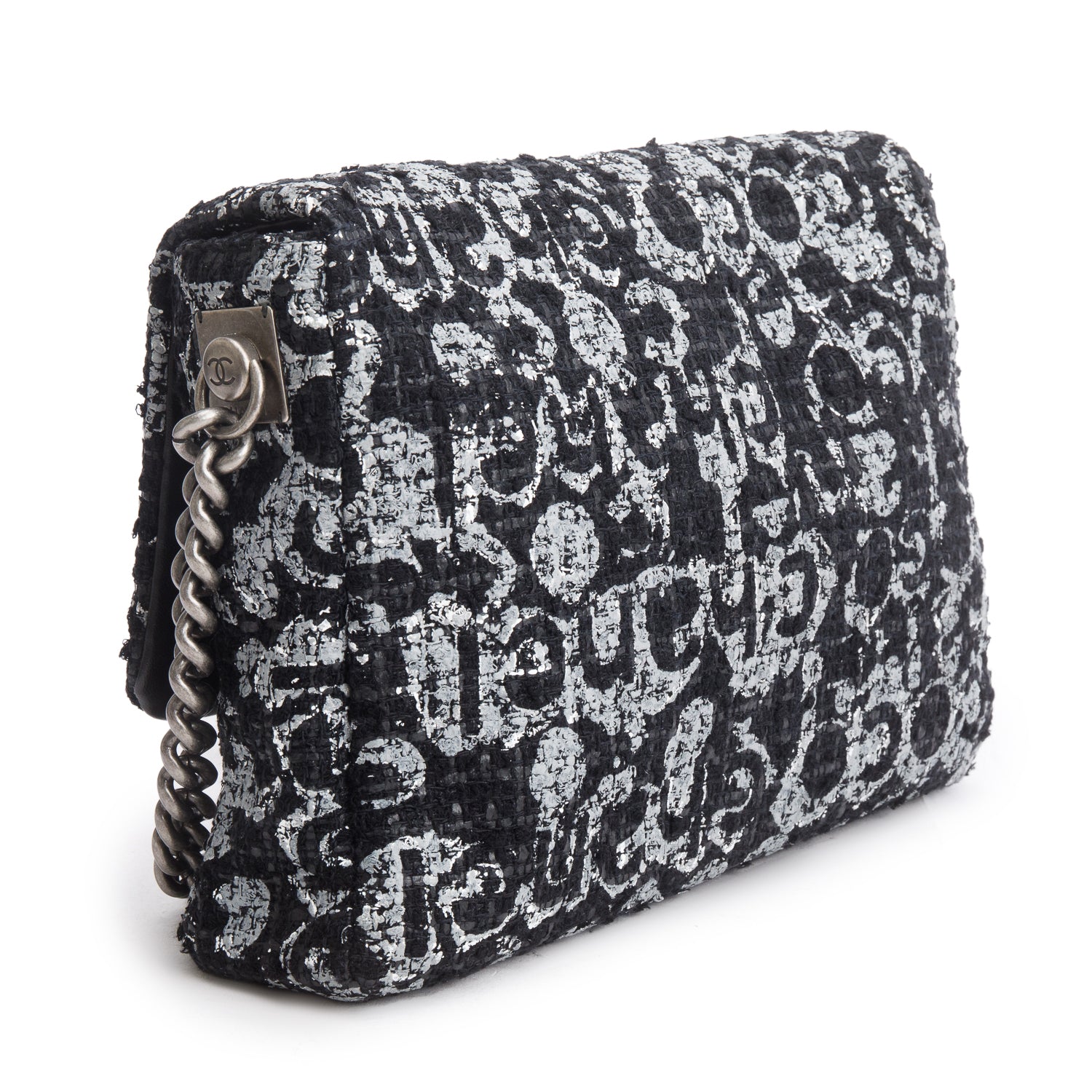 Chanel Black/Grey Tweed Painted Logo Westminster Flap Bag w/ Authenticity Card