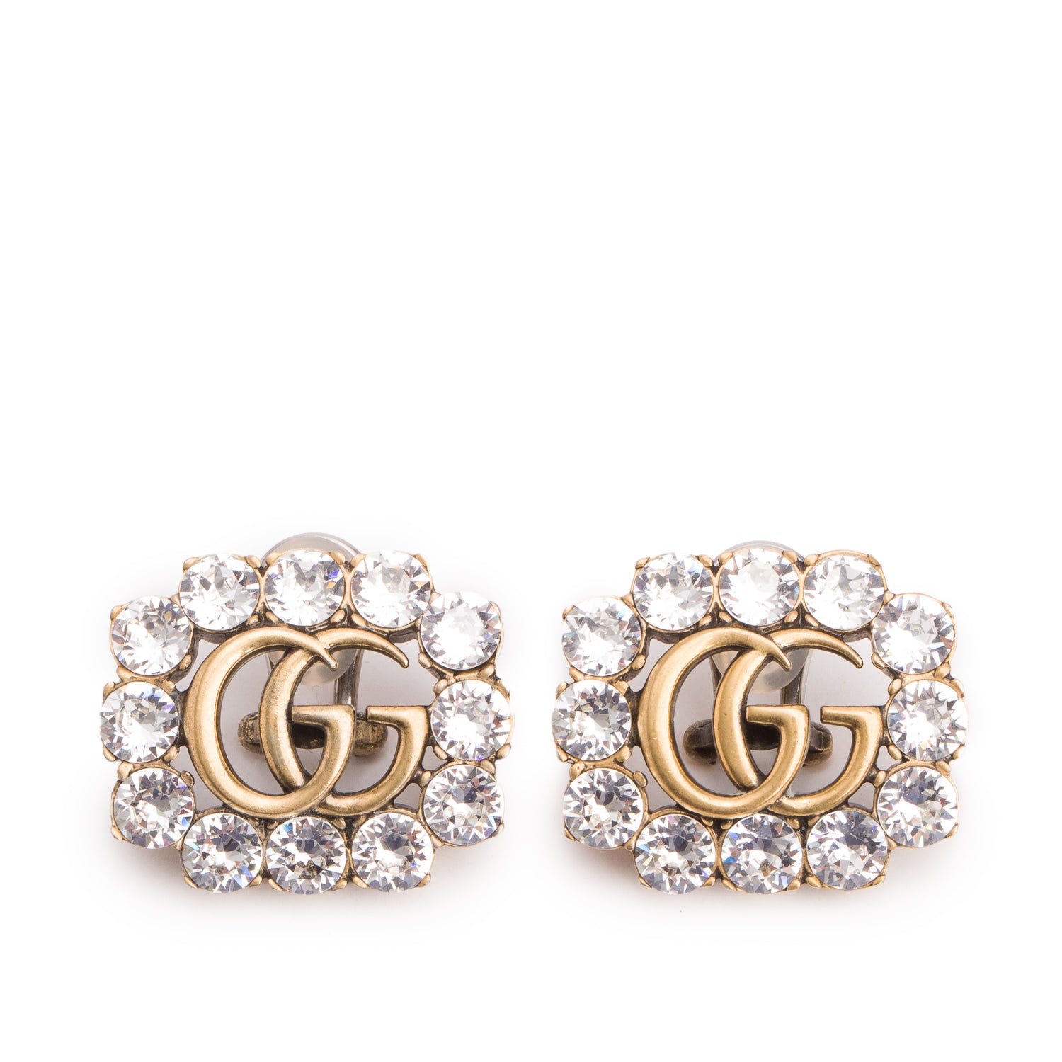 Gucci Gold Plated Crystal Double G Marmont Clip-On Earrings
