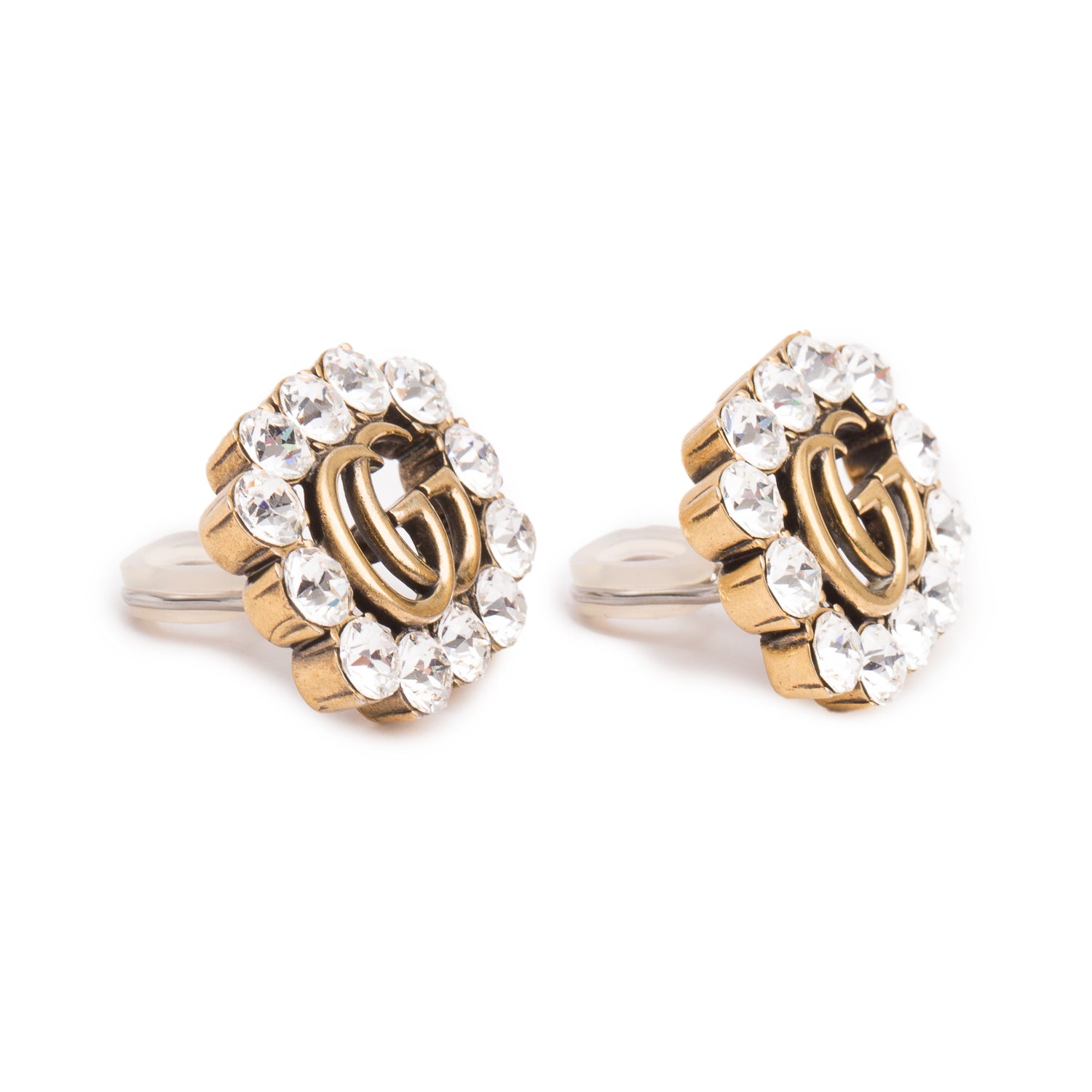 Gucci Gold Plated Crystal Double G Marmont Clip-On Earrings