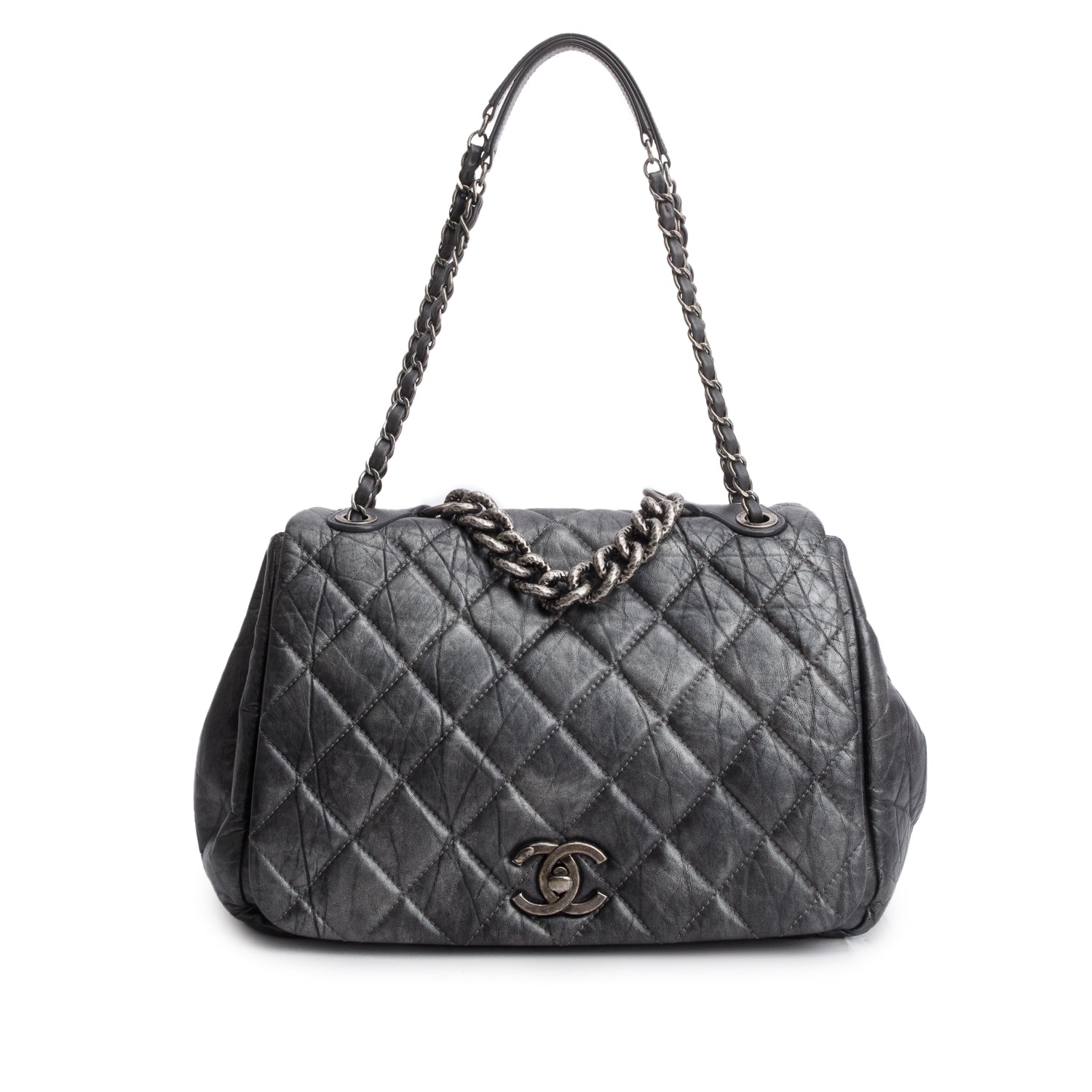 Chanel Metallic Silver Aged Calfskin Leather Large Pondicherry Flap Bag