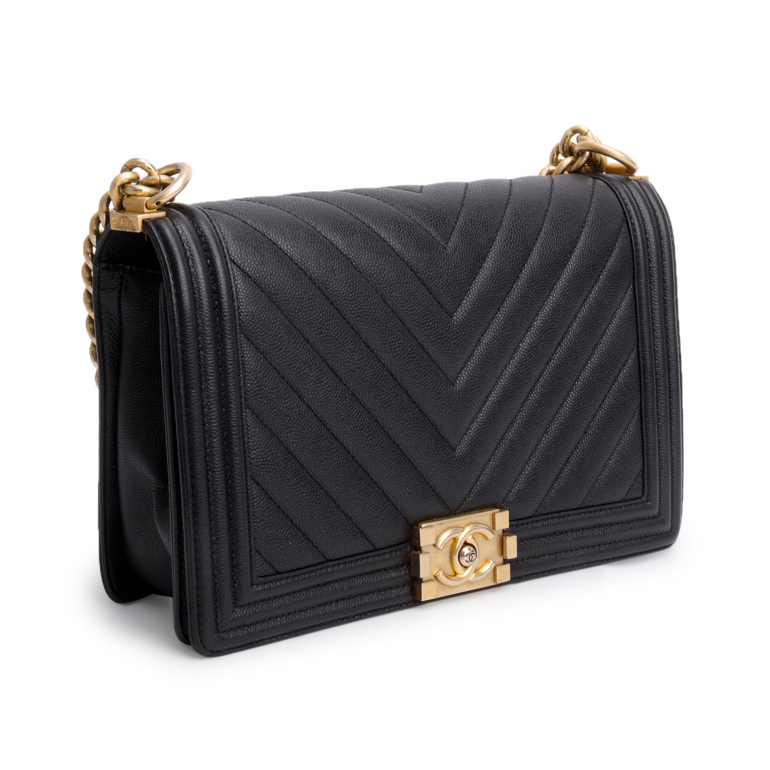 Chanel Black Chevron Quilted Caviar Large Boy Bag w/ Authenticity Card