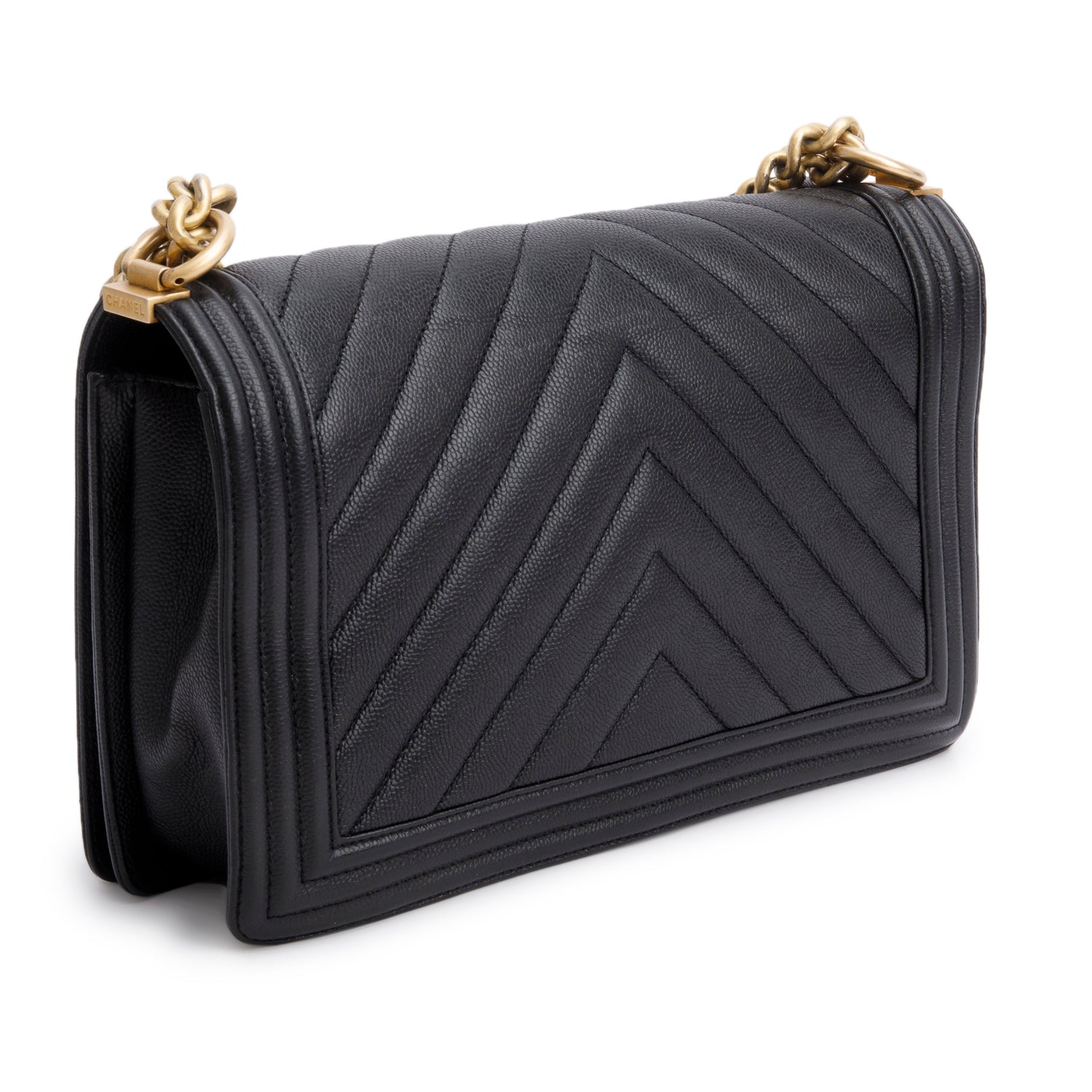 Chanel Black Chevron Quilted Caviar Large Boy Bag w/ Authenticity Card