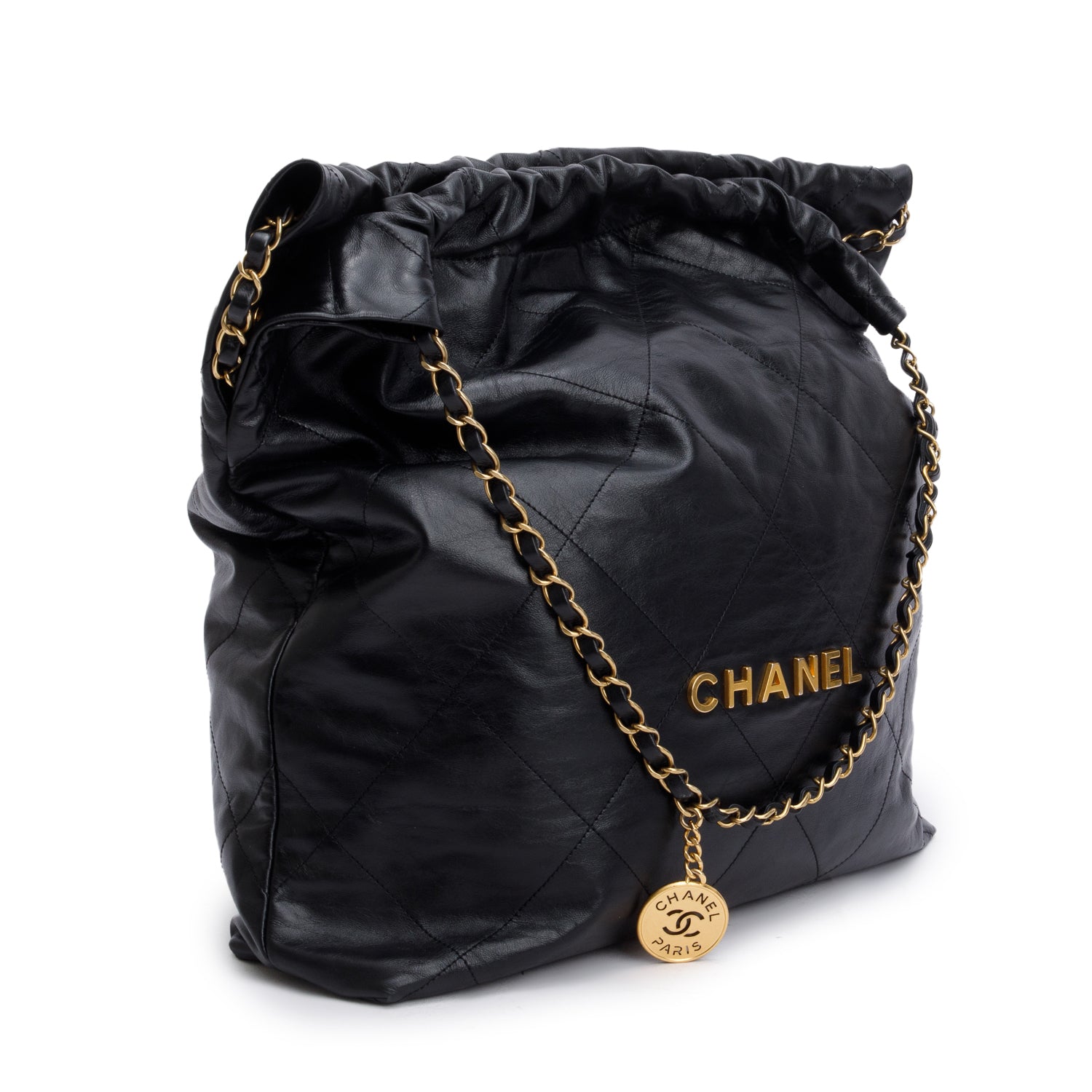 Chanel Black Shiny Calfskin Leather Chanel 22 Hobo w/ Pouch