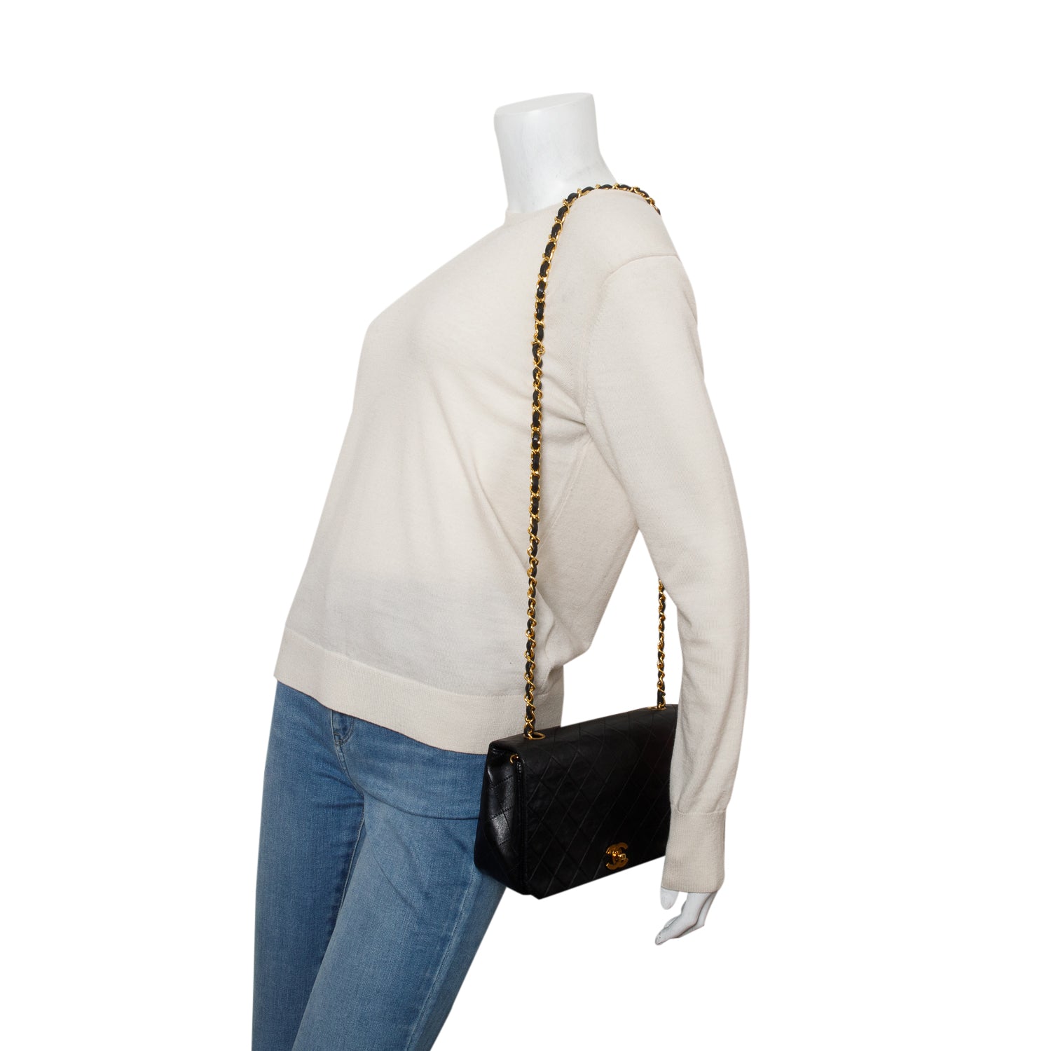 Chanel Vintage Black Lambskin Quilted Mademoiselle Full Flap Shoulder Bag w/ Authenticity Card
