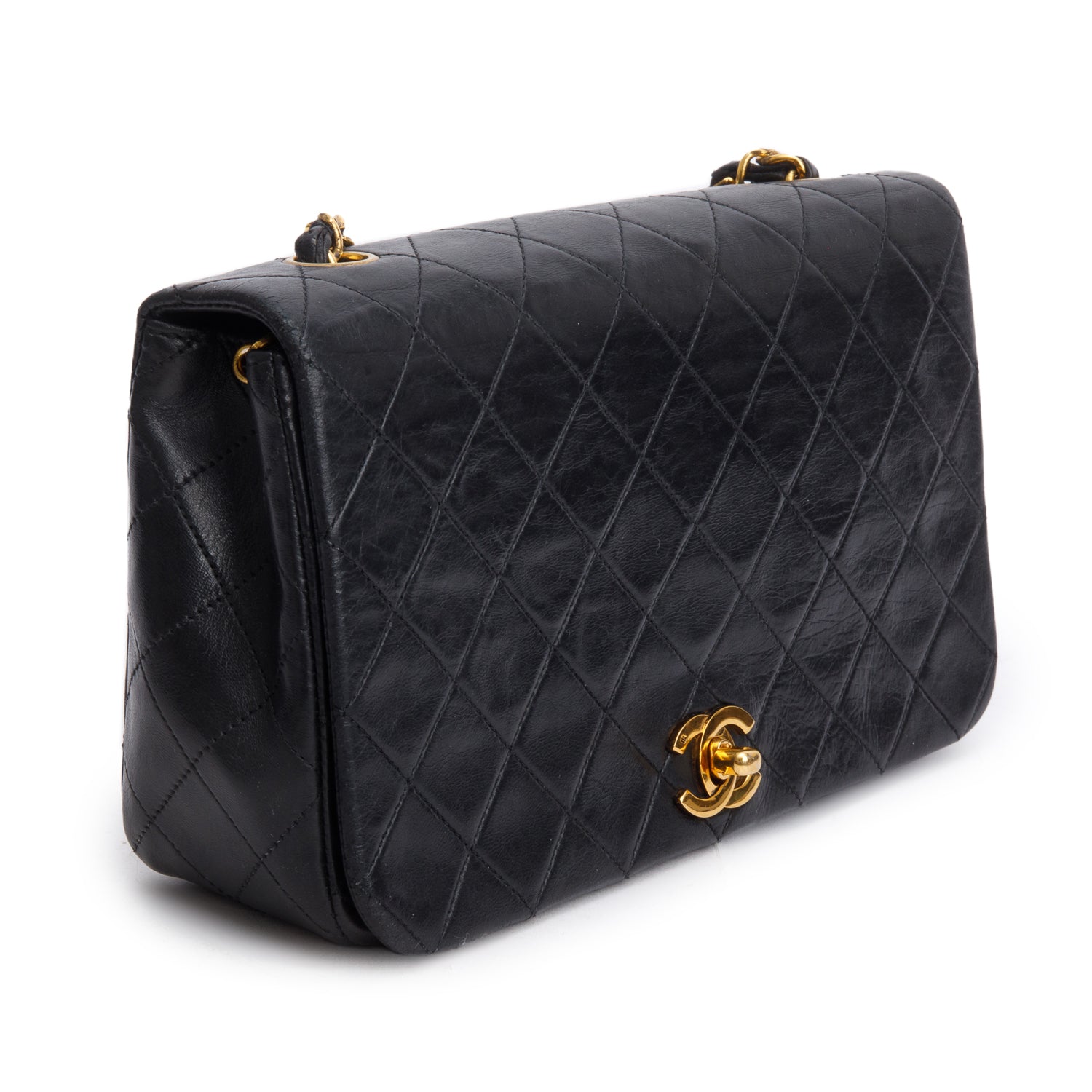 Chanel Vintage Black Lambskin Quilted Mademoiselle Full Flap Shoulder Bag w/ Authenticity Card