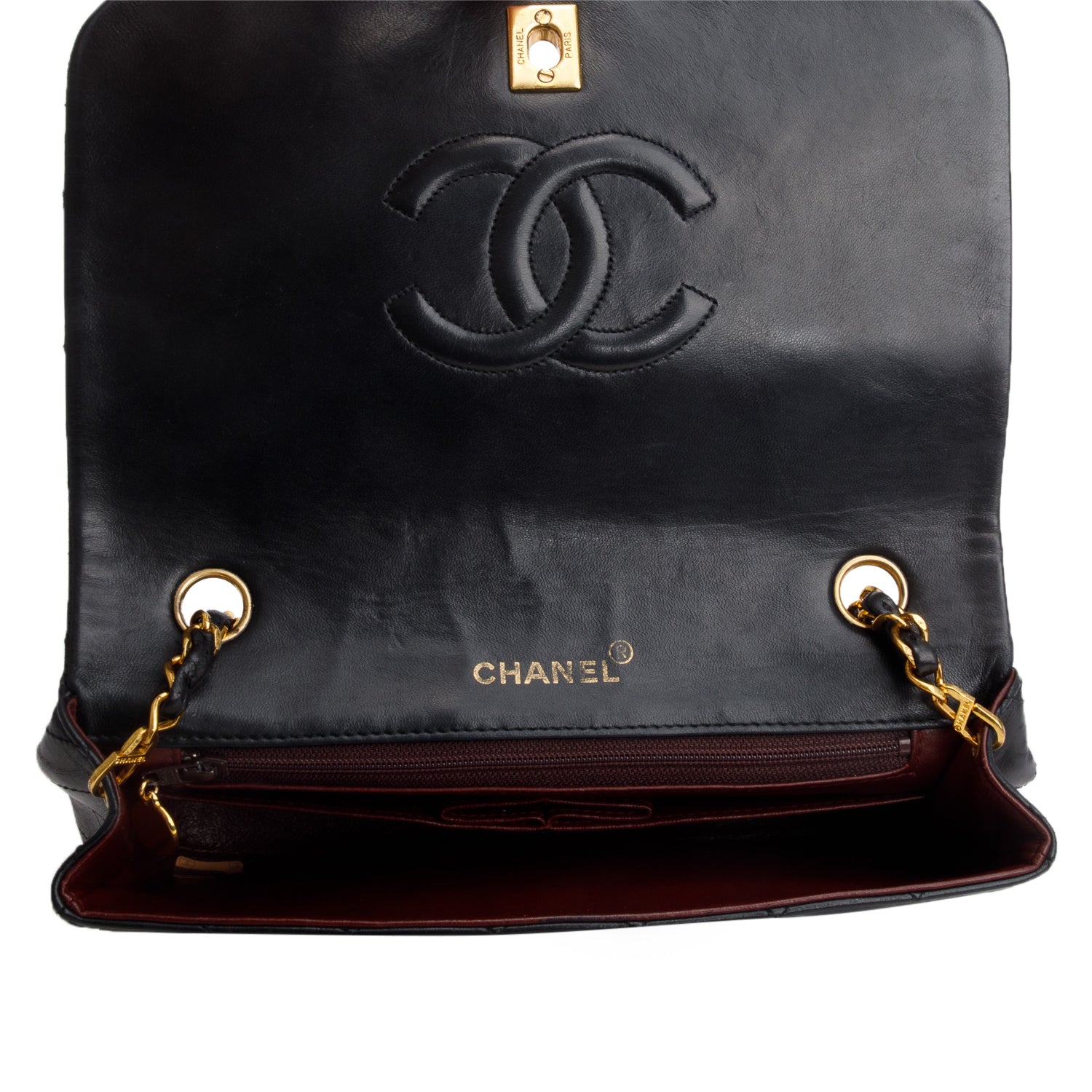 Chanel Vintage Black Lambskin Quilted Mademoiselle Full Flap Shoulder Bag w/ Authenticity Card