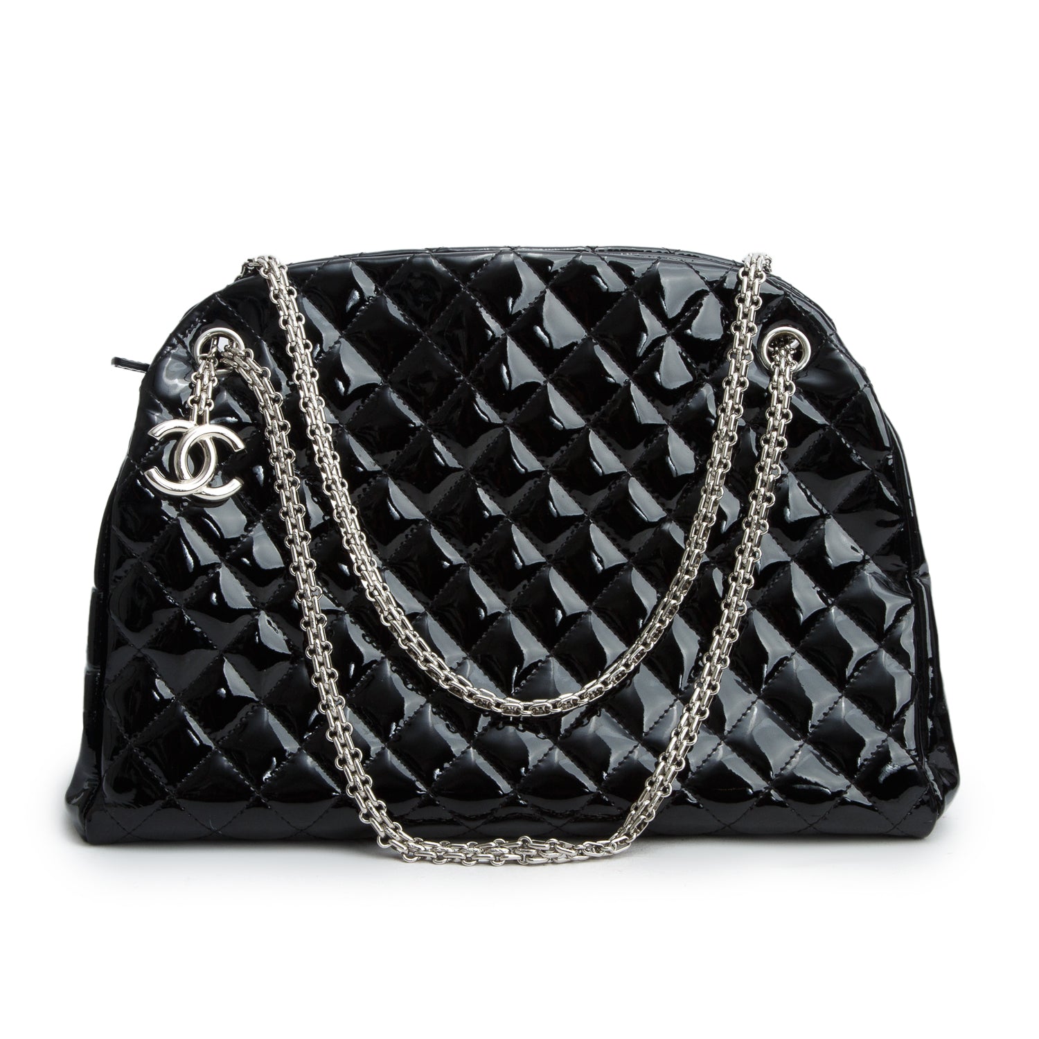 Chanel Black Patent Leather Just Mademoiselle Large Bowler Bag w/ Authenticity Card